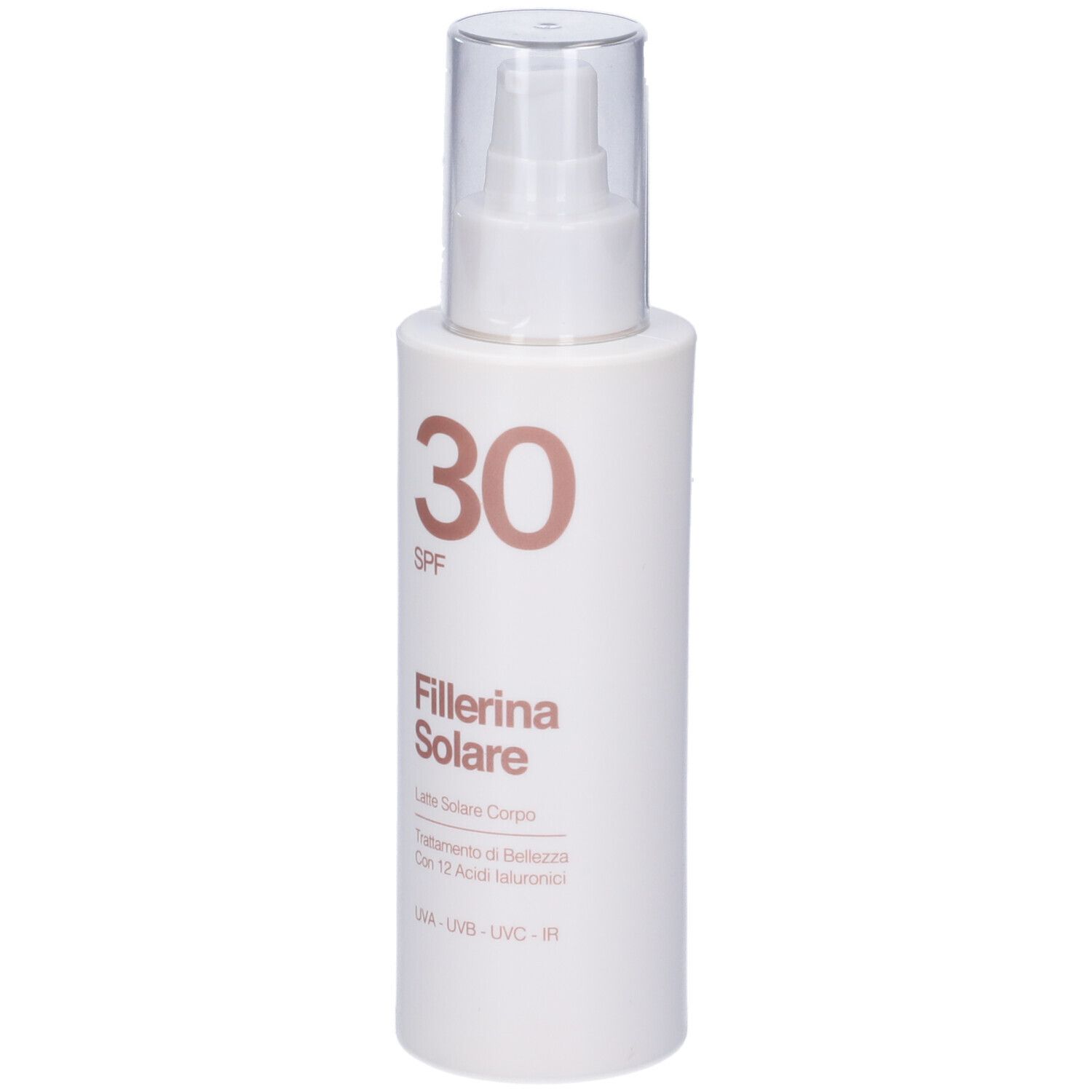 Flacone bianco con erogatore spray. Scritta: 30 SPF, Fillerina Solare, Latte Solare Corpo. Testo in italiano.
