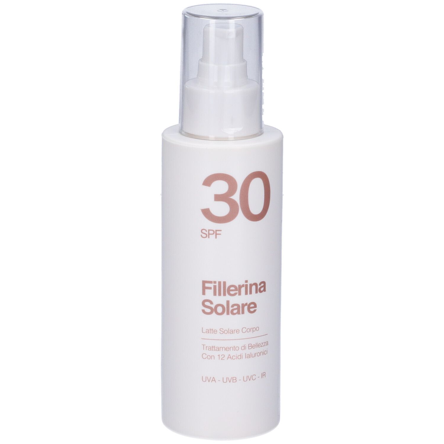Flacone bianco con erogatore spray. Scritta: 30 SPF, Fillerina Solare, Latte Solare Corpo. Testo in italiano.