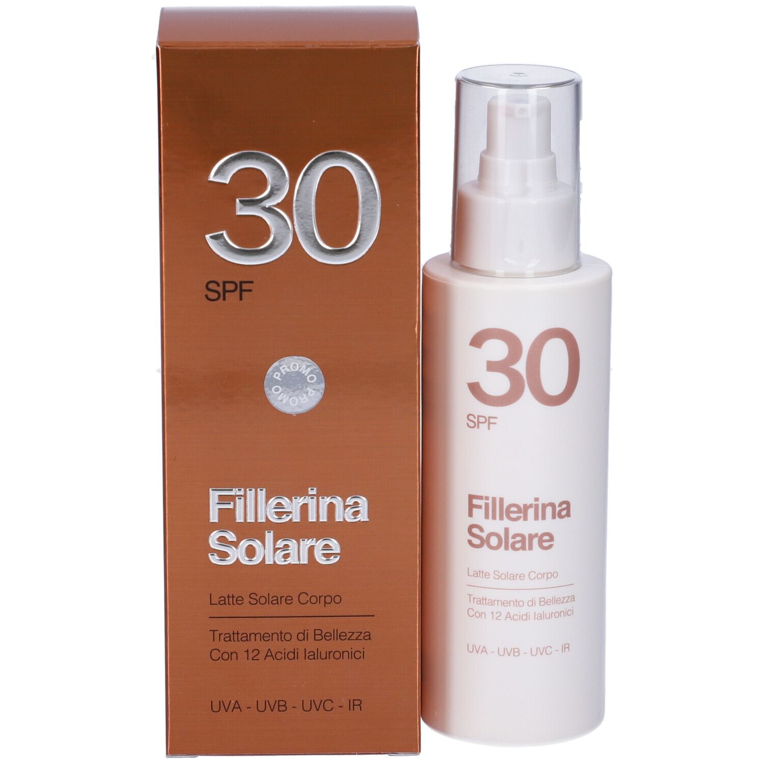 Confezione e flacone del prodotto. Scritta: 30 SPF, Fillerina Solare, Latte Solare Corpo. Testo in italiano.