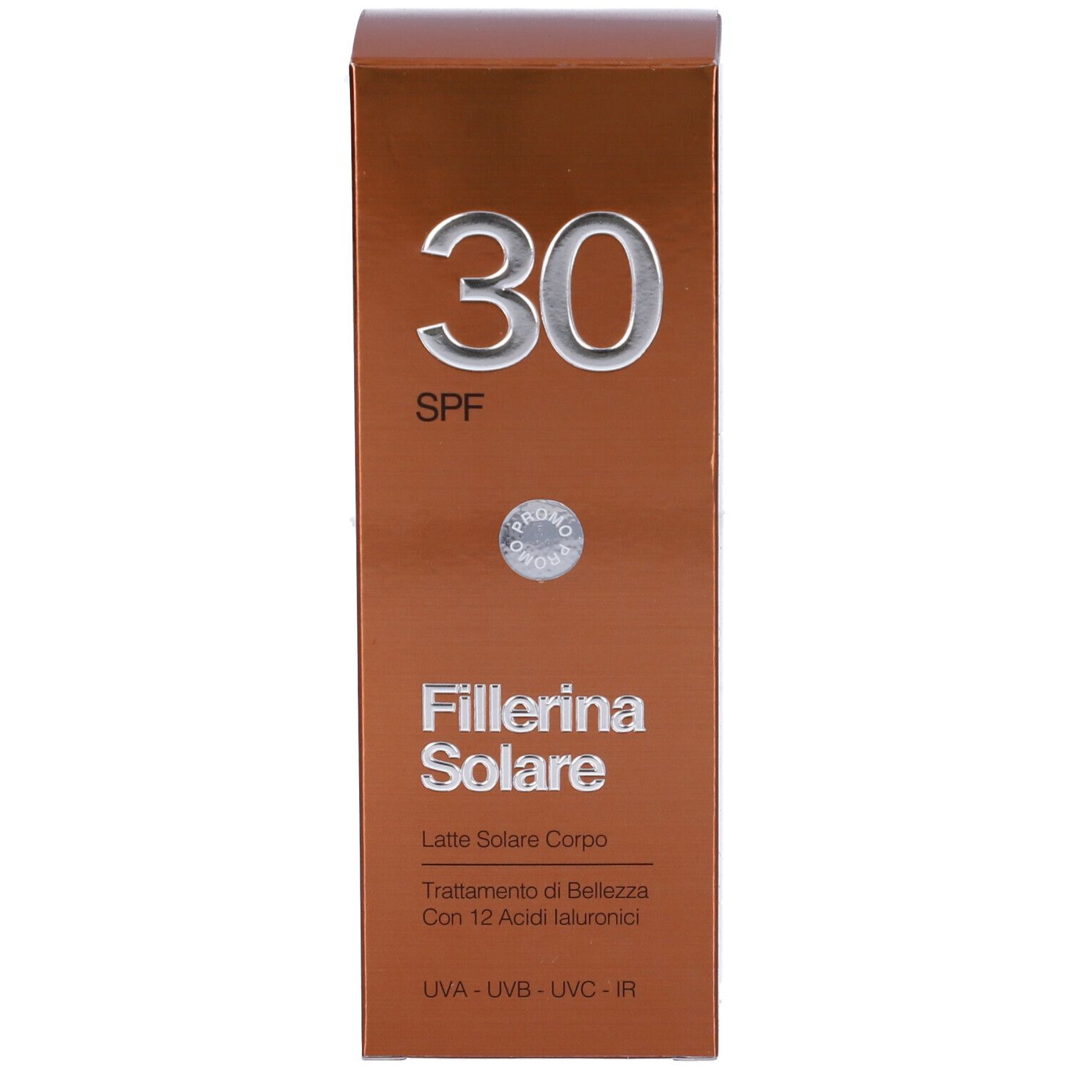 Confezione del prodotto. Scritta: 30 SPF, Fillerina Solare, Latte Solare Corpo. Testo in italiano.