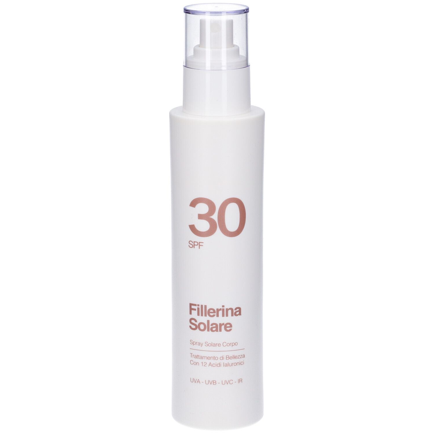 Spray bianco con erogatore. Scritta: 30 SPF, Fillerina Solare. Testo sottostante.