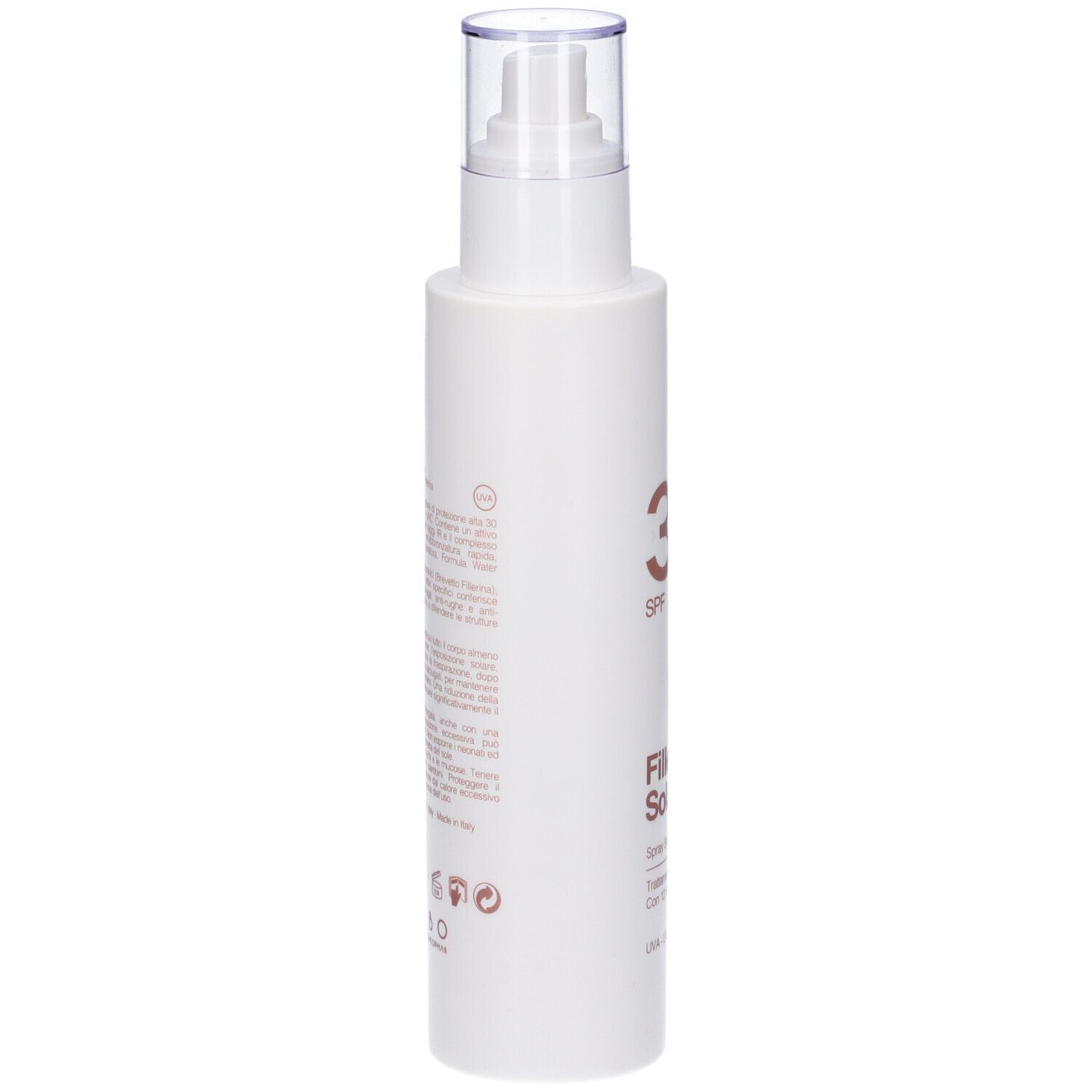 Spray bianco con erogatore. Scritta: 30 SPF, Fillerina Solare. Testo laterale.