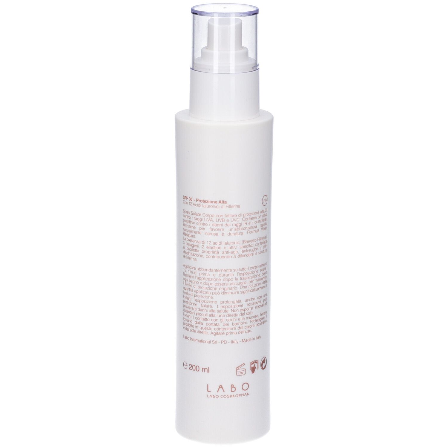 Spray bianco con erogatore. Testo sul retro. Scritta: 200 ml, LABO.