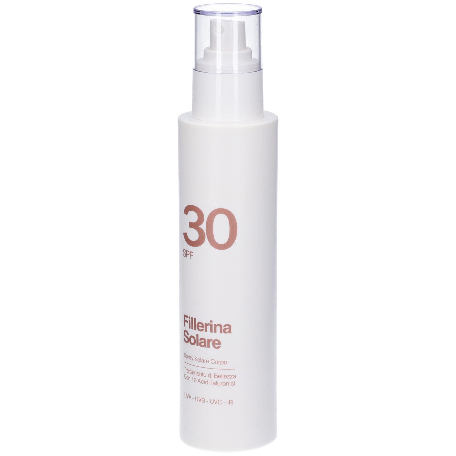 Spray bianco con erogatore. Scritta: 30 SPF, Fillerina Solare. Testo sottostante.