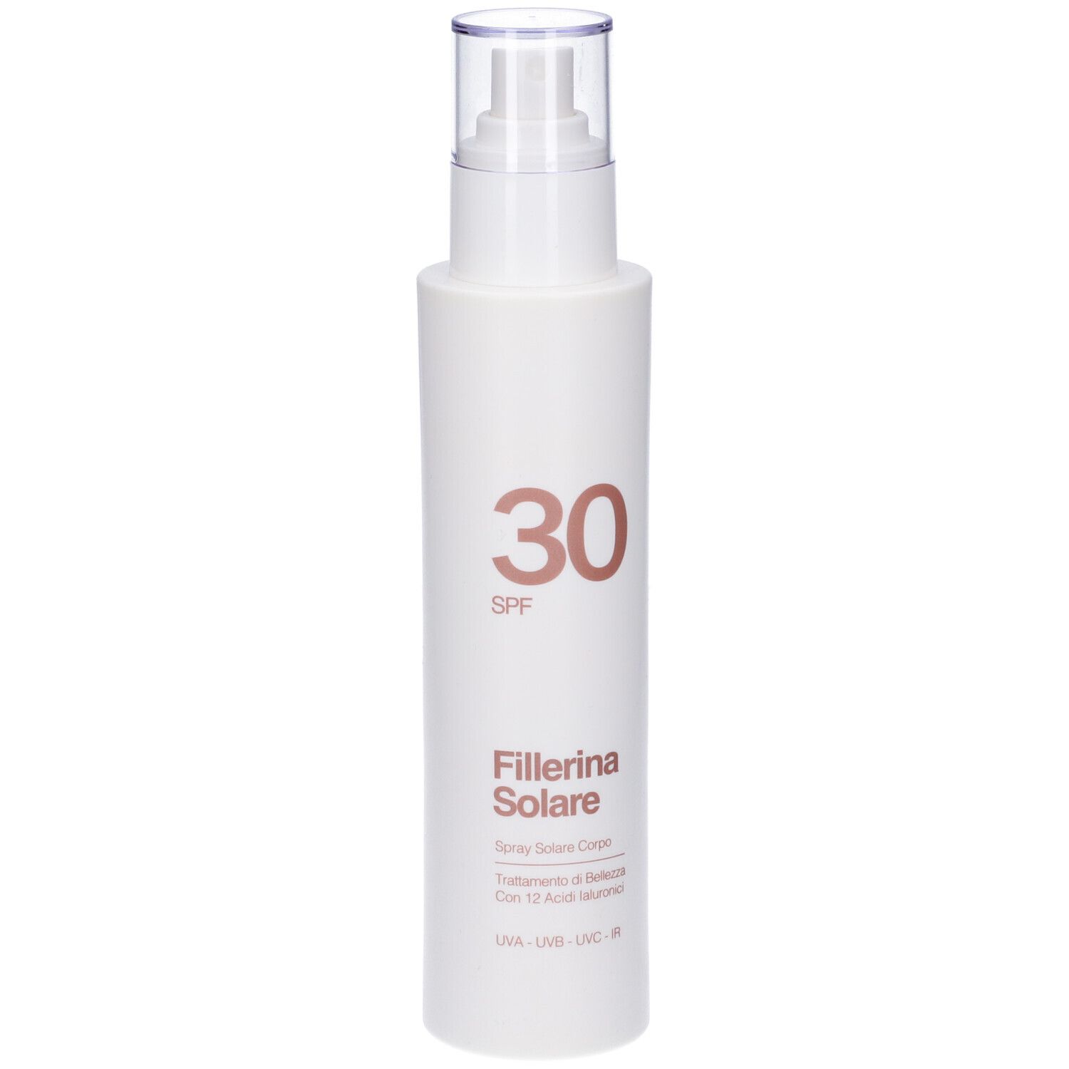 Spray bianco con erogatore. Scritta: 30 SPF, Fillerina Solare. Testo sottostante.