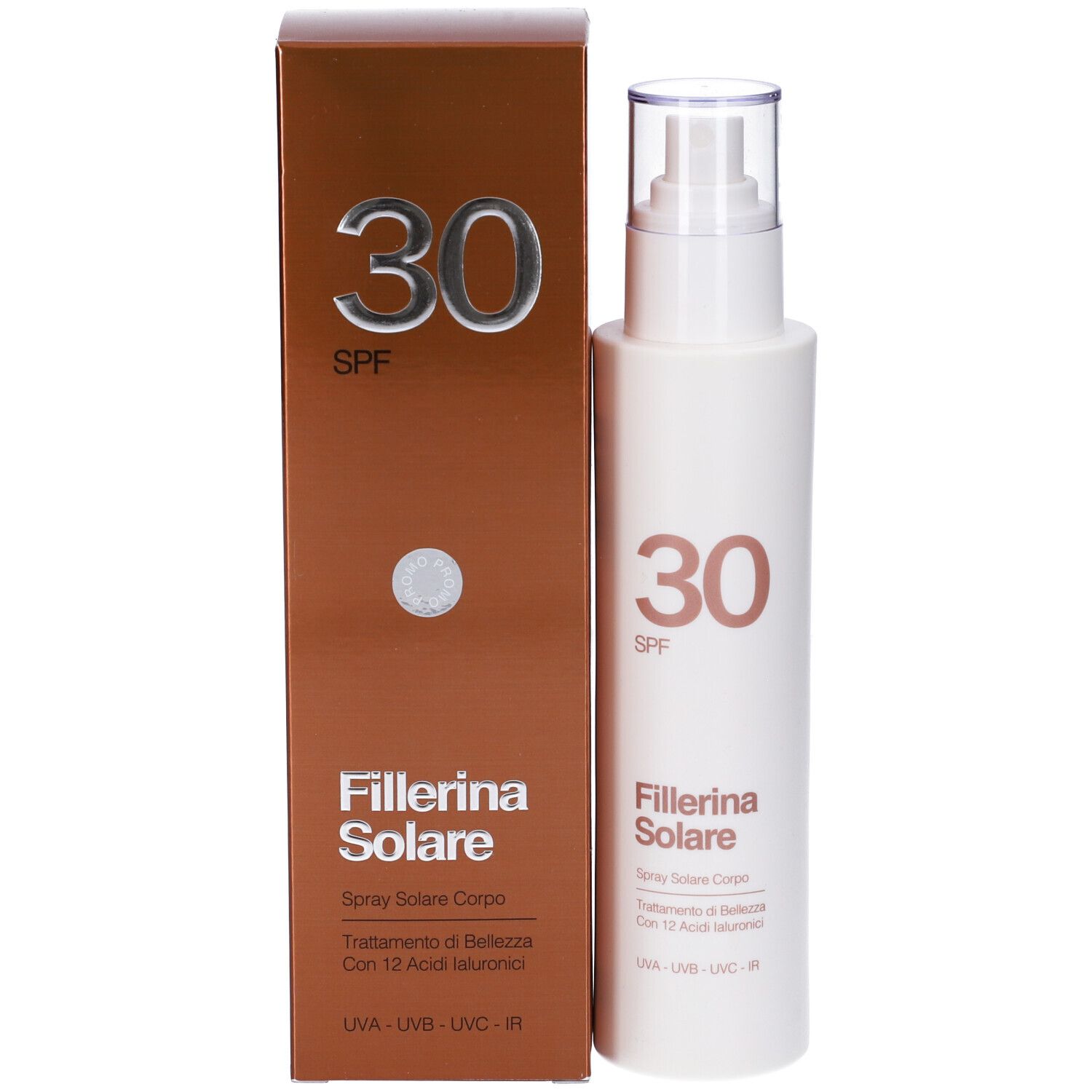 Spray e confezione. Scritta: 30 SPF, Fillerina Solare. Confezione marrone.