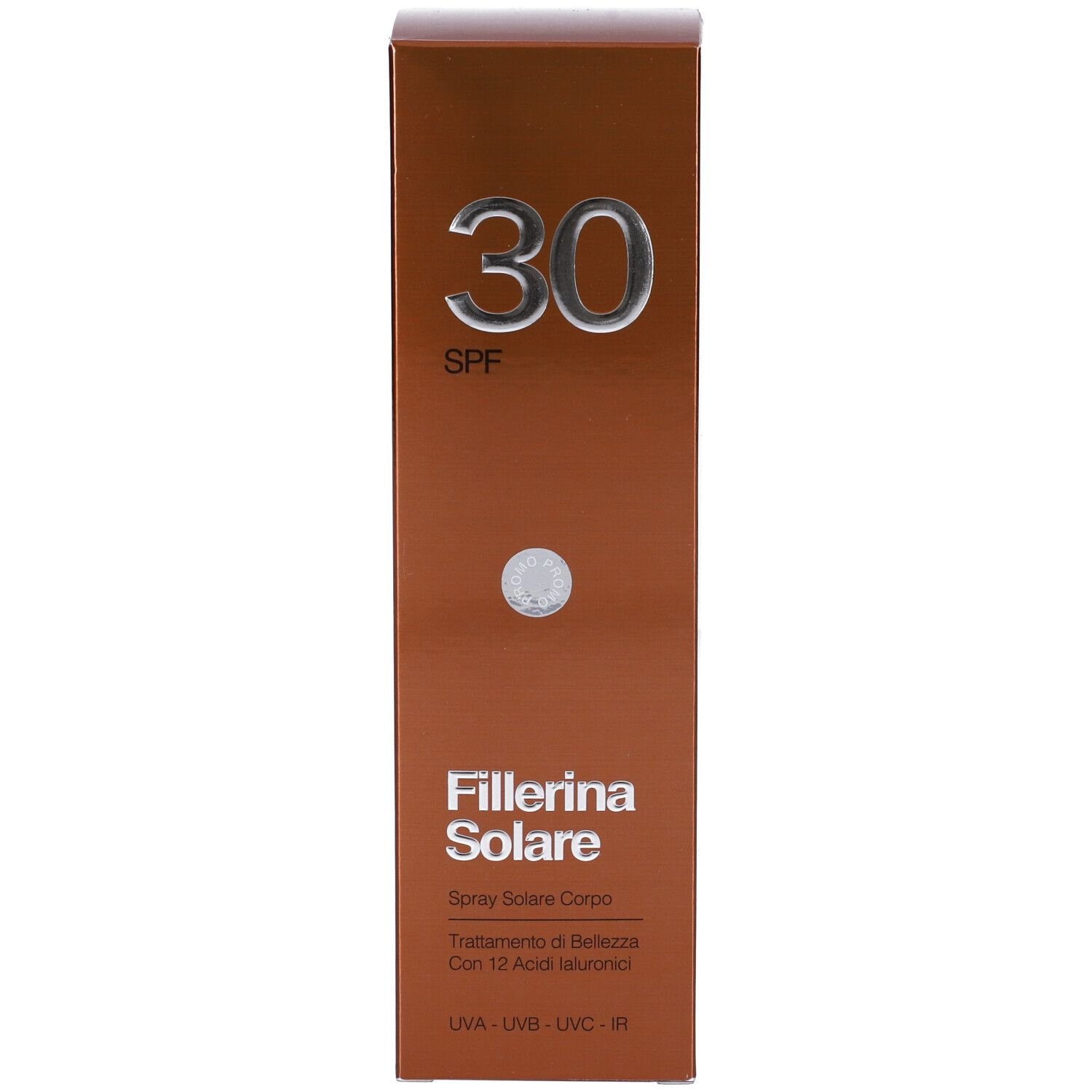 Confezione marrone. Scritta: 30 SPF, Fillerina Solare. Testo sottostante.