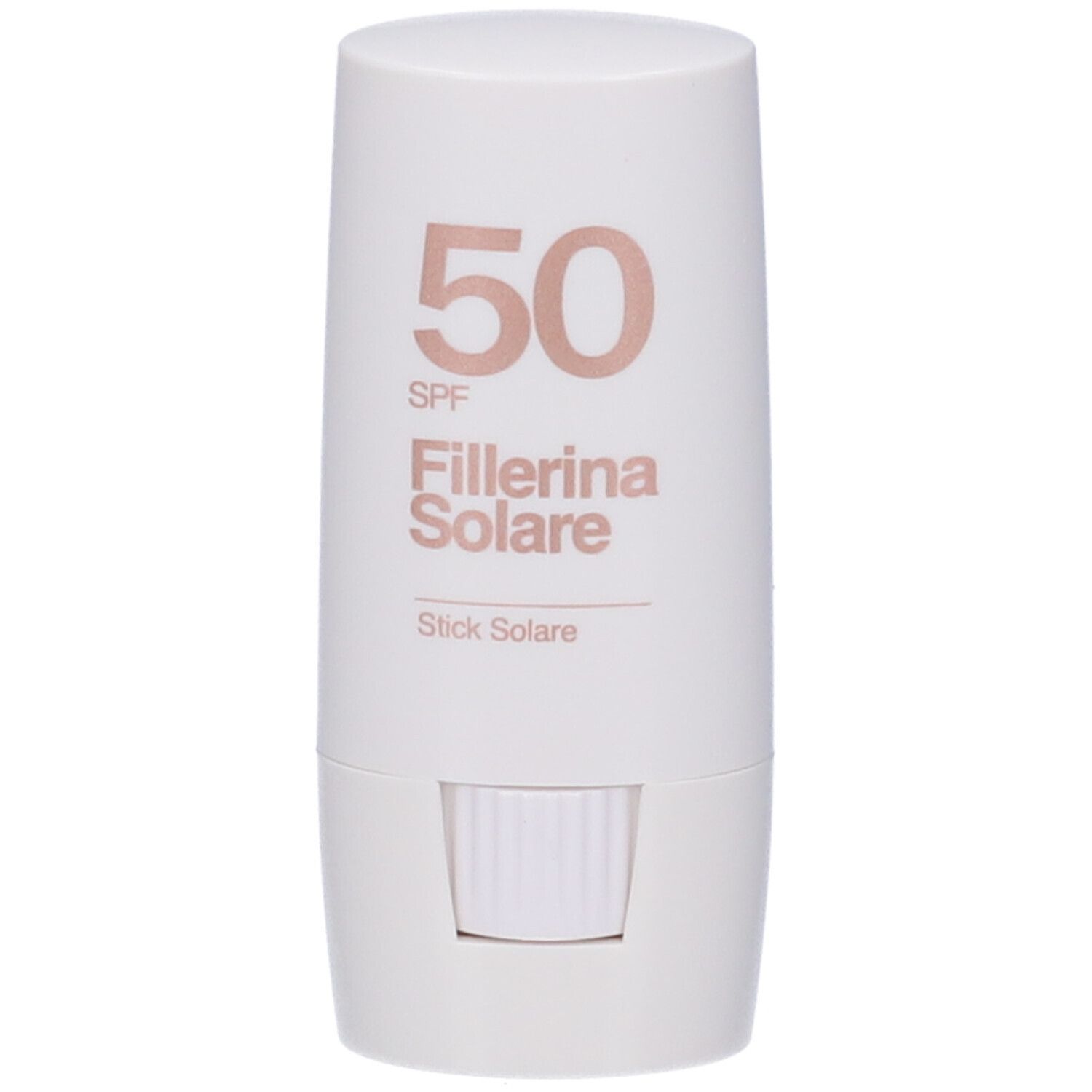 Stick bianco con SPF 50 e scritta Fillerina Solare. Lo stick ha un meccanismo a scorrimento.