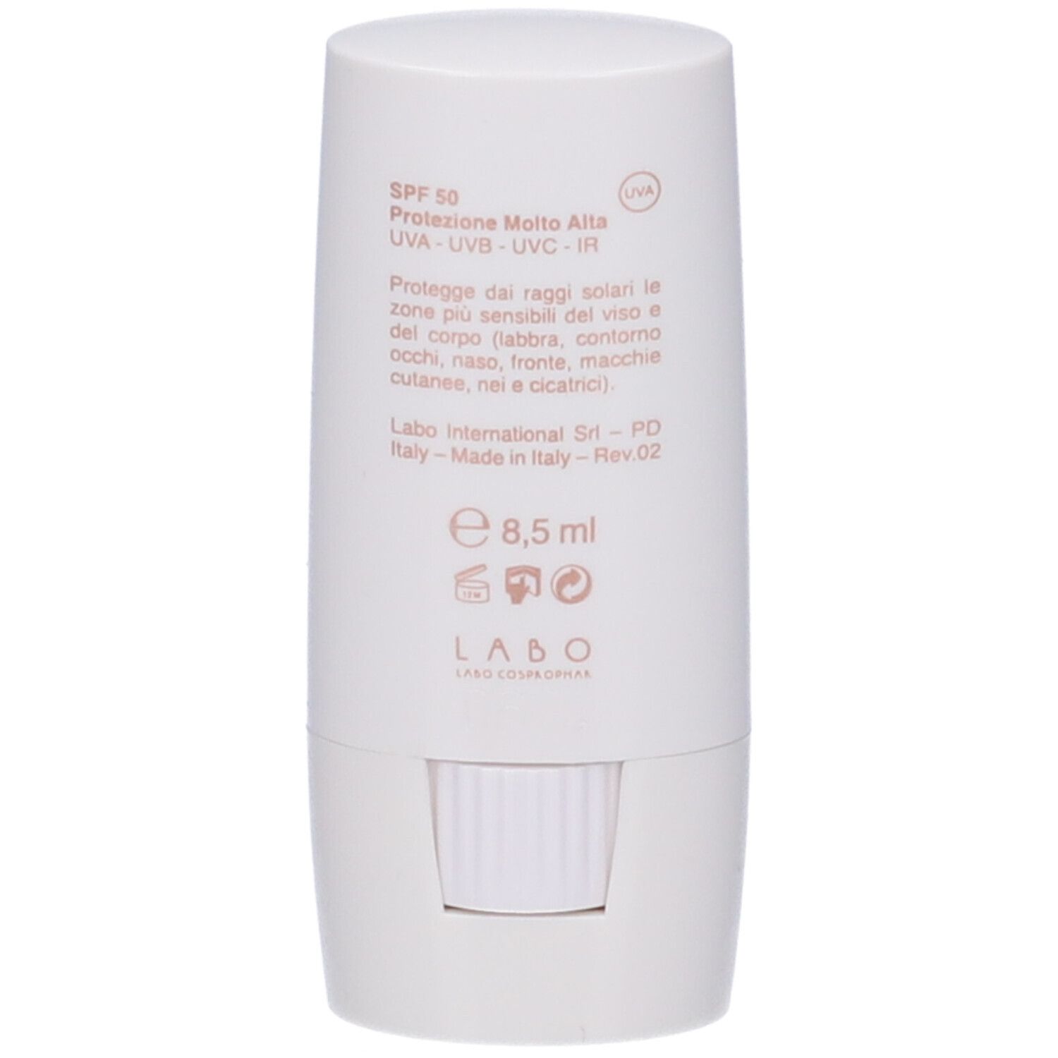 Retro dello stick bianco con testo: SPF 50, UVA-UVB-UVC-IR, ingredienti e informazioni produttore.