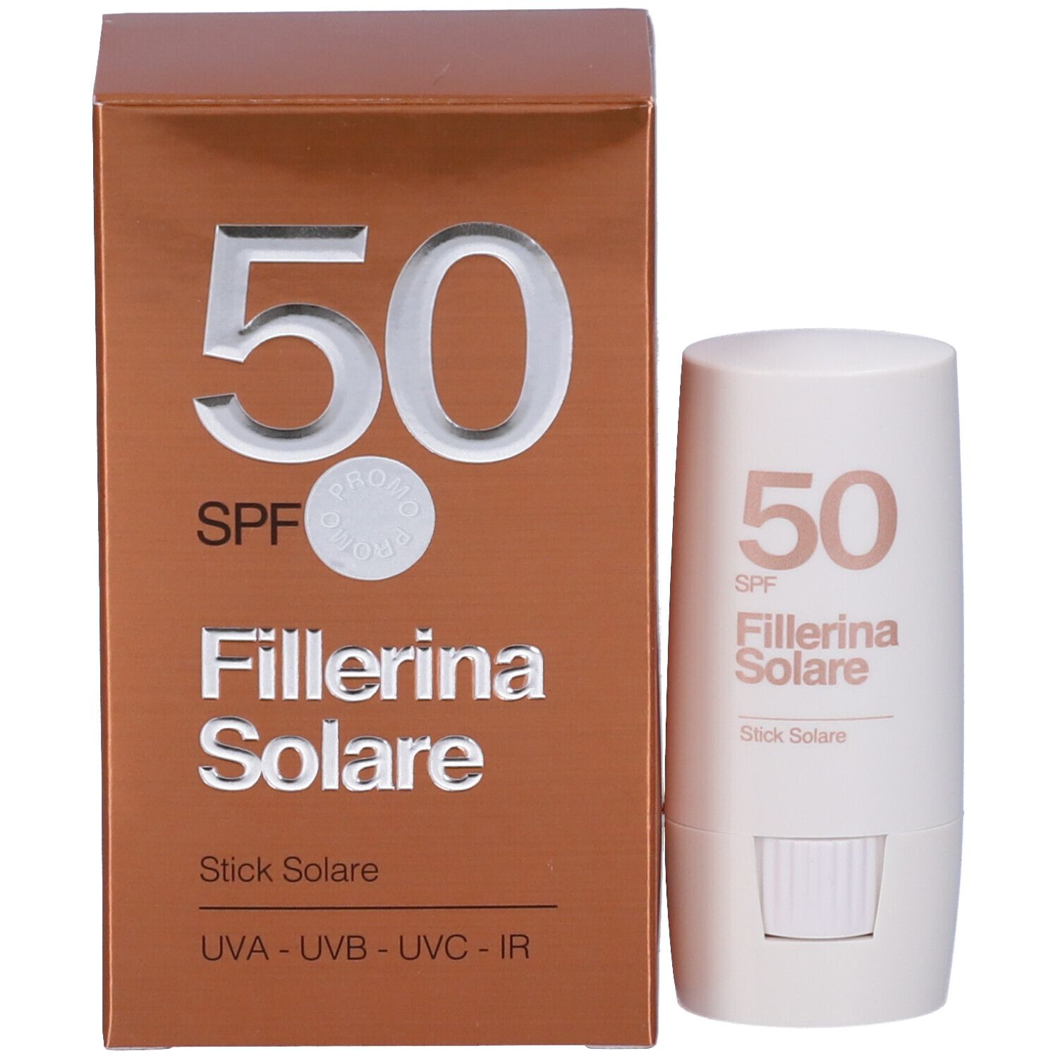 Confezione del prodotto e stick. Confezione: marrone con testo bianco. Stick: bianco con SPF 50 e Fillerina Solare.