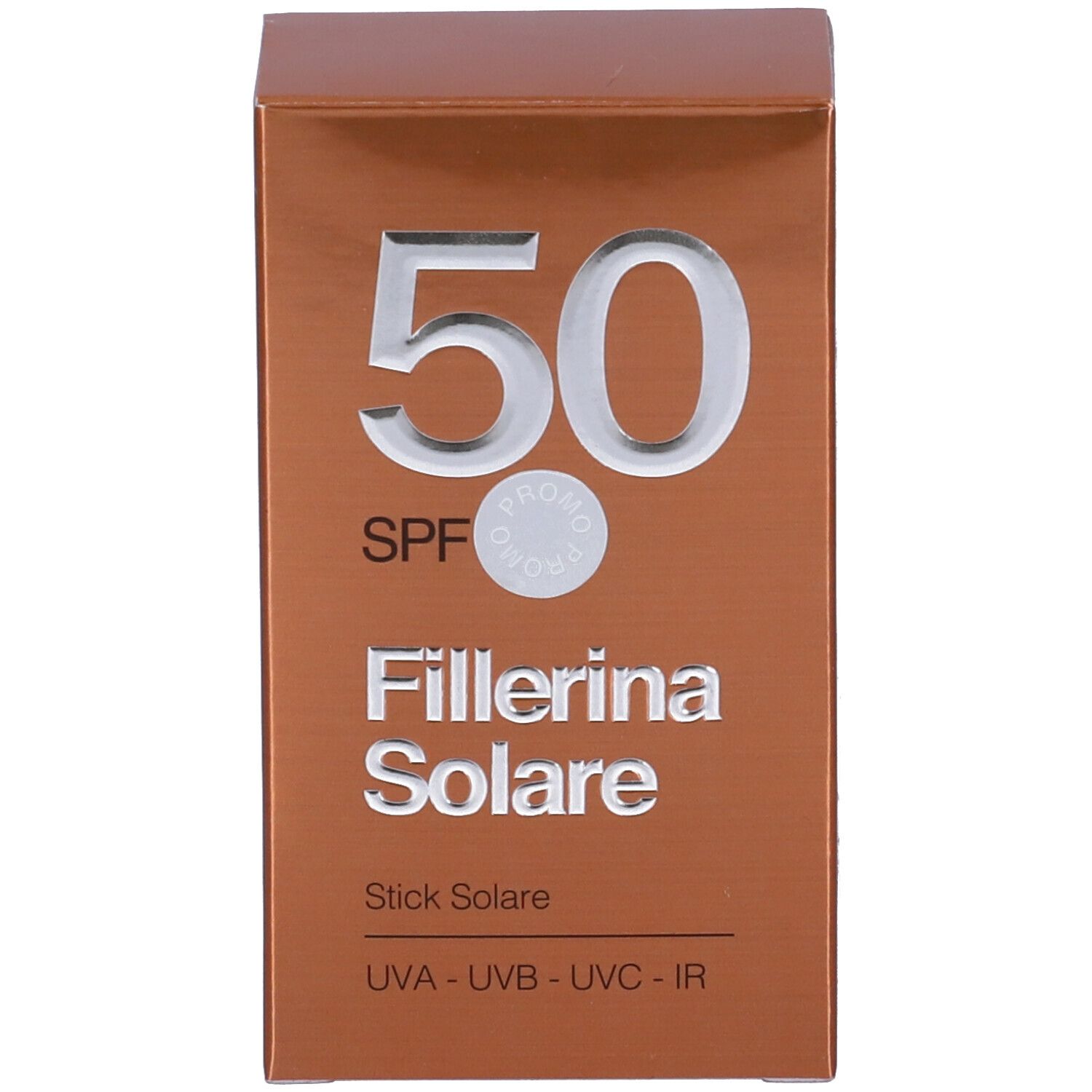 Confezione del prodotto marrone con testo bianco. Scritta: 50 SPF, Fillerina Solare, Stick Solare, UVA-UVB-UVC-IR.
