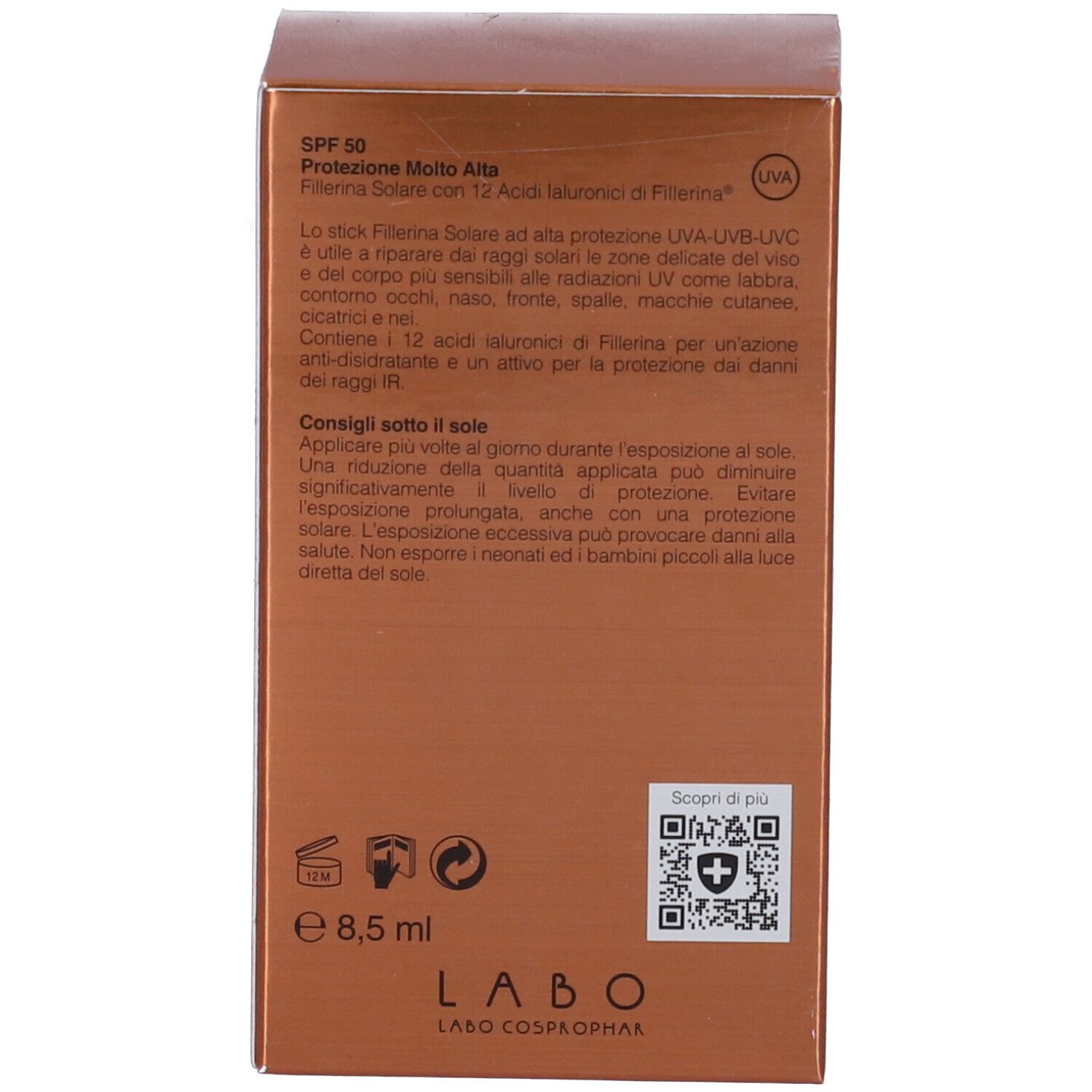 Confezione del prodotto marrone con testo: SPF 50, protezione, istruzioni per l'uso, codice QR e logo del produttore.