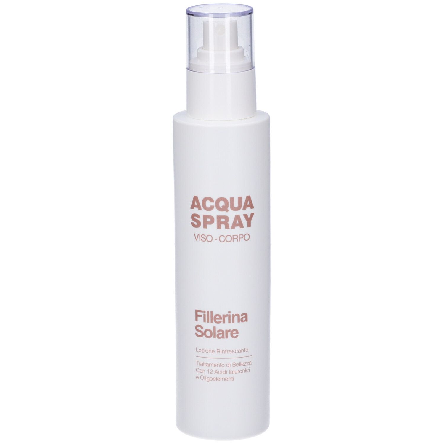 Flacone spray bianco con tappo trasparente. Scritta: ACQUA SPRAY, VISO-CORPO, Fillerina Solare.