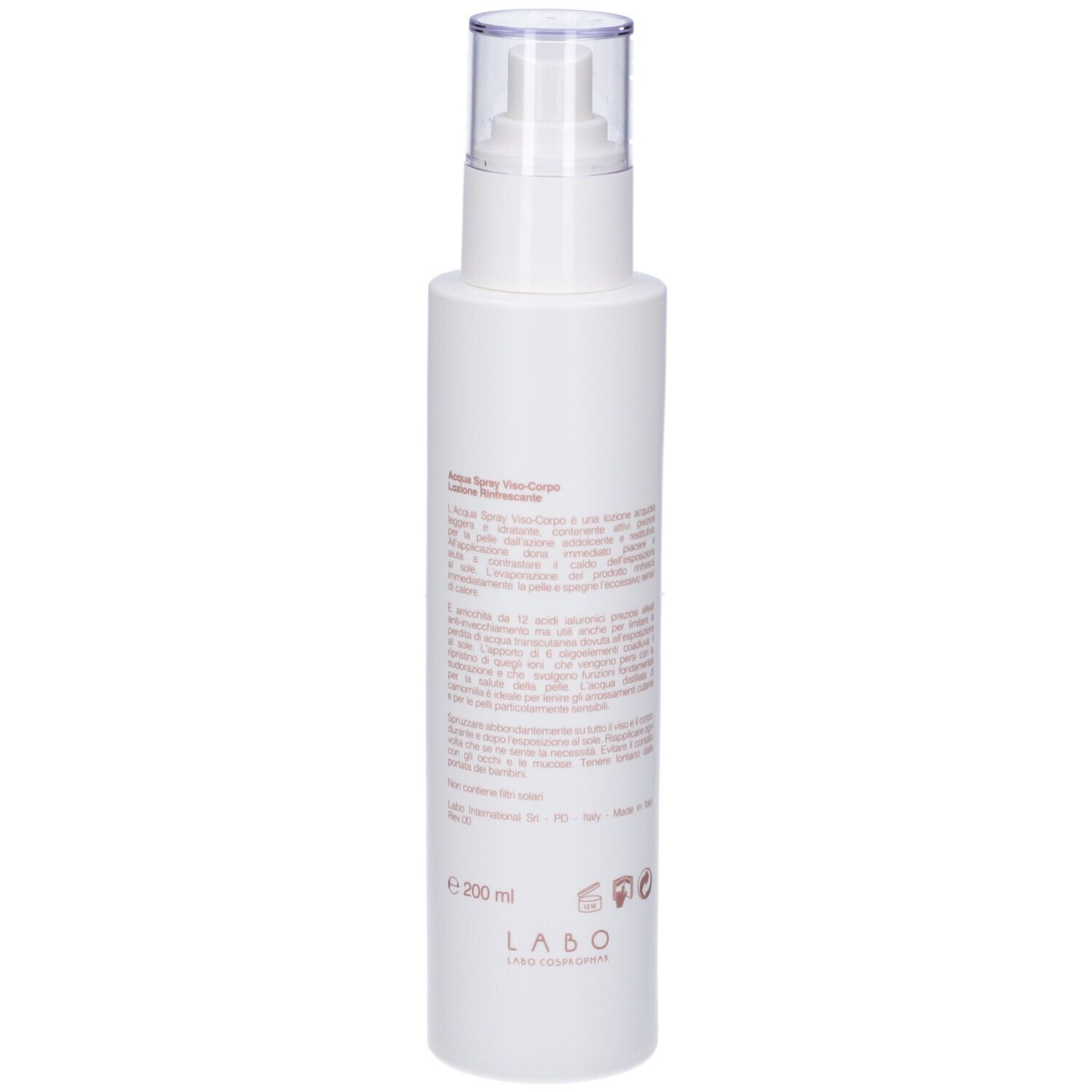 Flacone spray bianco con tappo trasparente. Testo sul retro. Fillerina Solare. 200 ml.