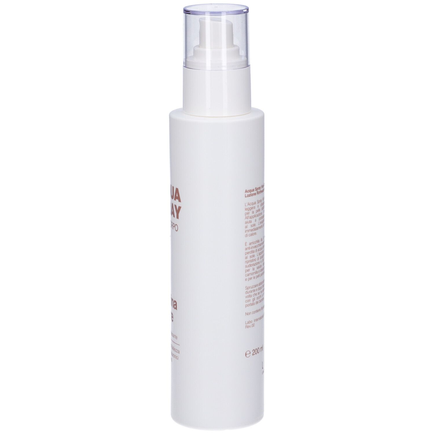 Flacone spray bianco con tappo trasparente. Scritta: ACQUA SPRAY, VISO-CORPO, Fillerina Solare.