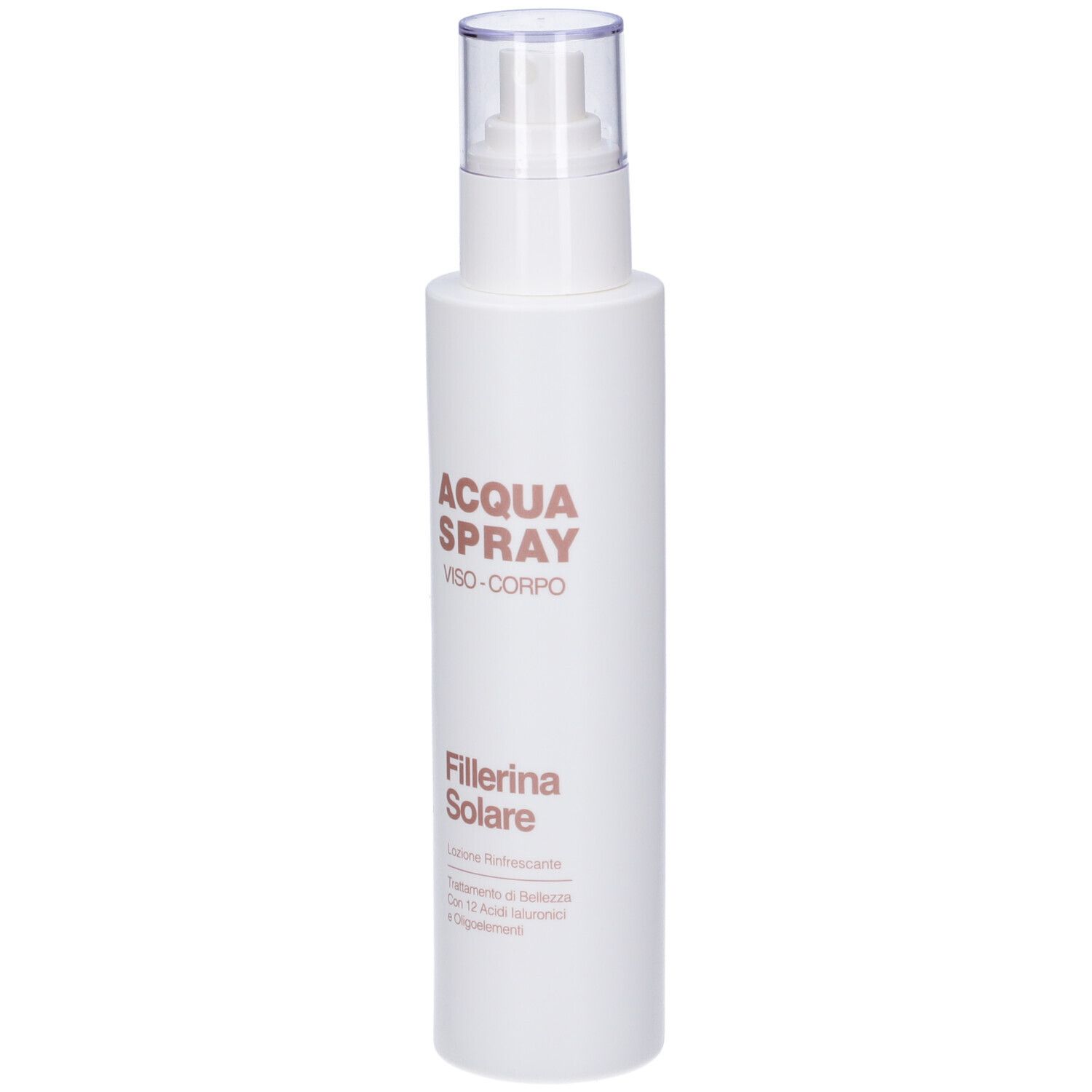 Flacone spray bianco con tappo trasparente. Scritta: ACQUA SPRAY, VISO-CORPO, Fillerina Solare.