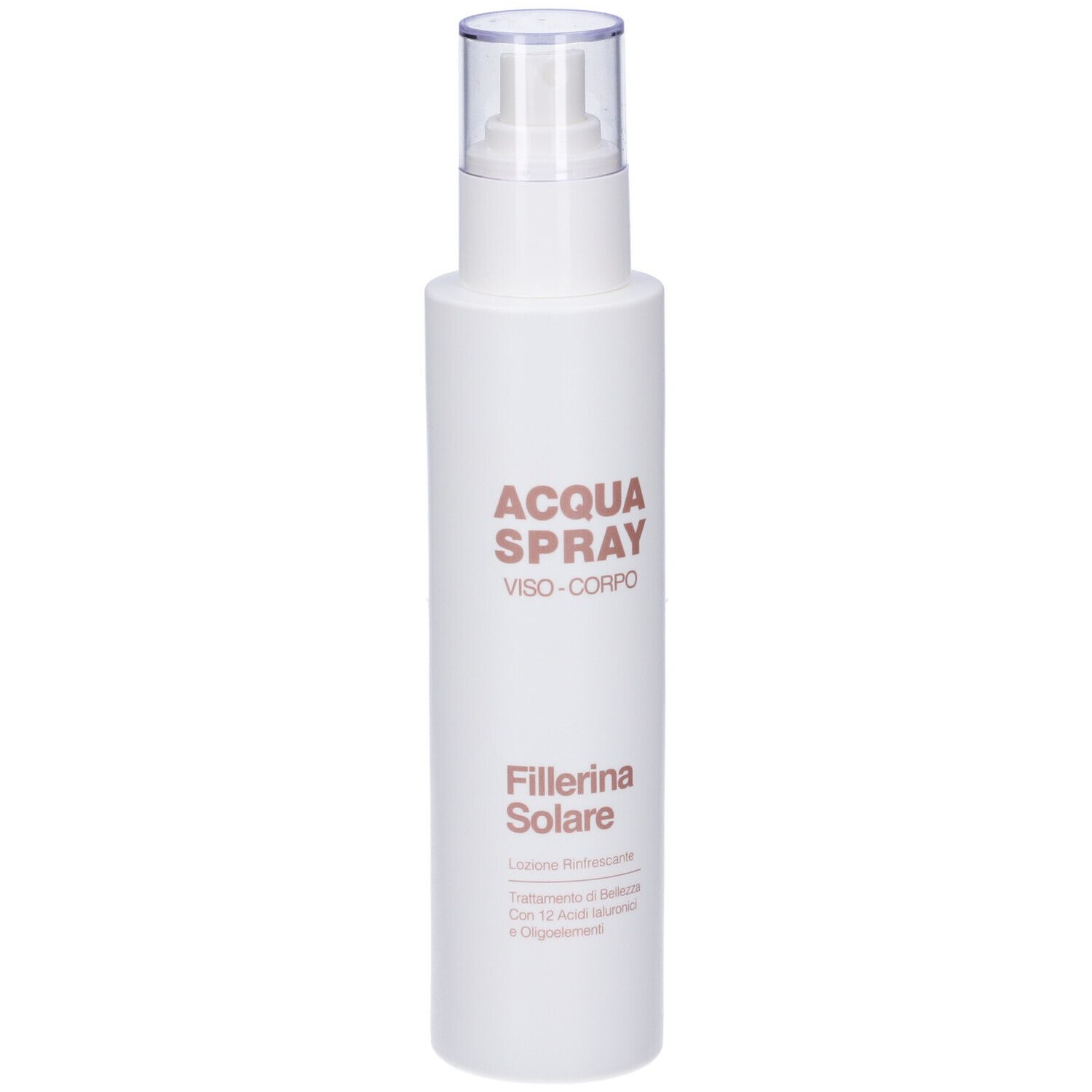 Flacone spray bianco con tappo trasparente. Scritta: ACQUA SPRAY, VISO-CORPO, Fillerina Solare.
