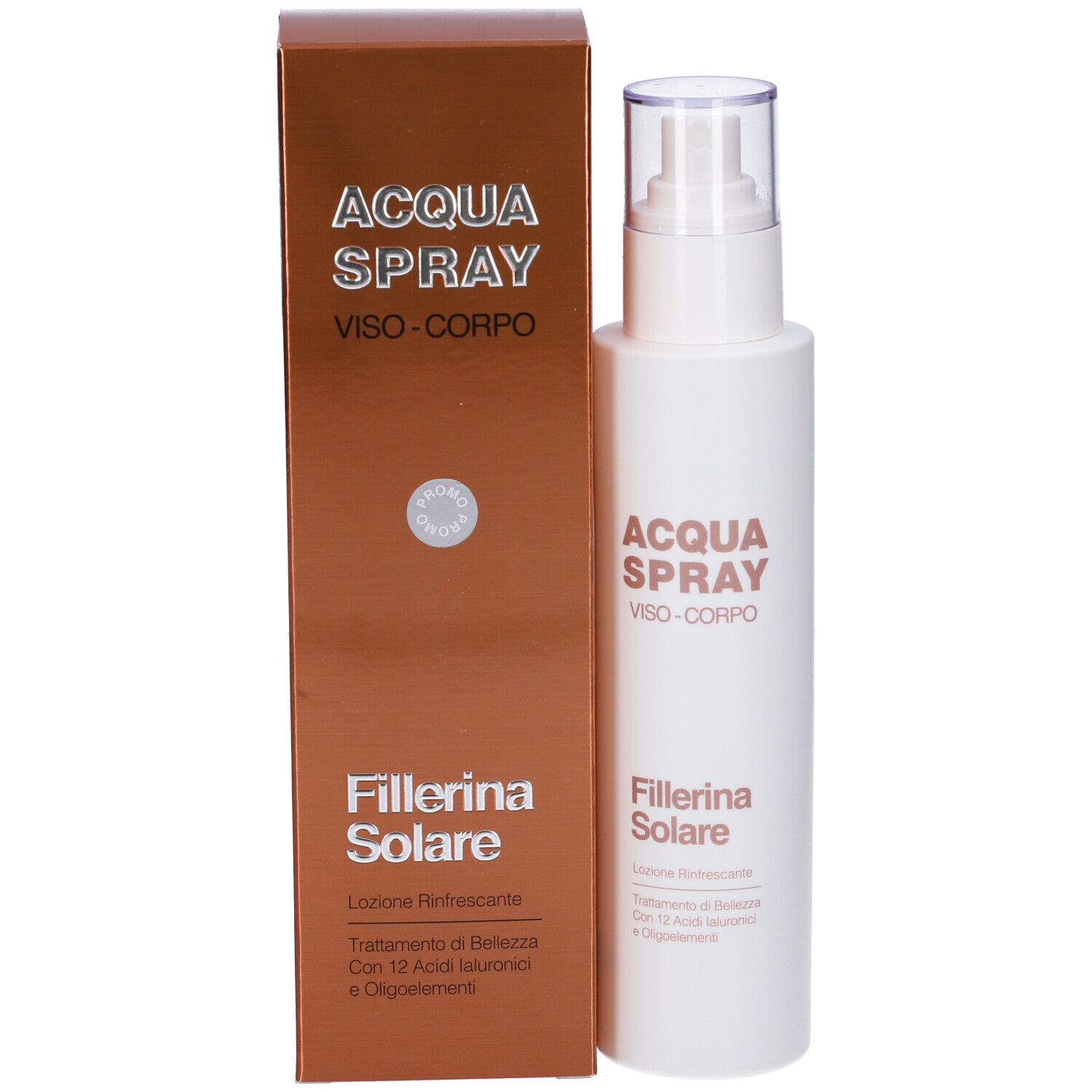 Confezione e flacone spray. Scritta: ACQUA SPRAY, VISO-CORPO, Fillerina Solare.