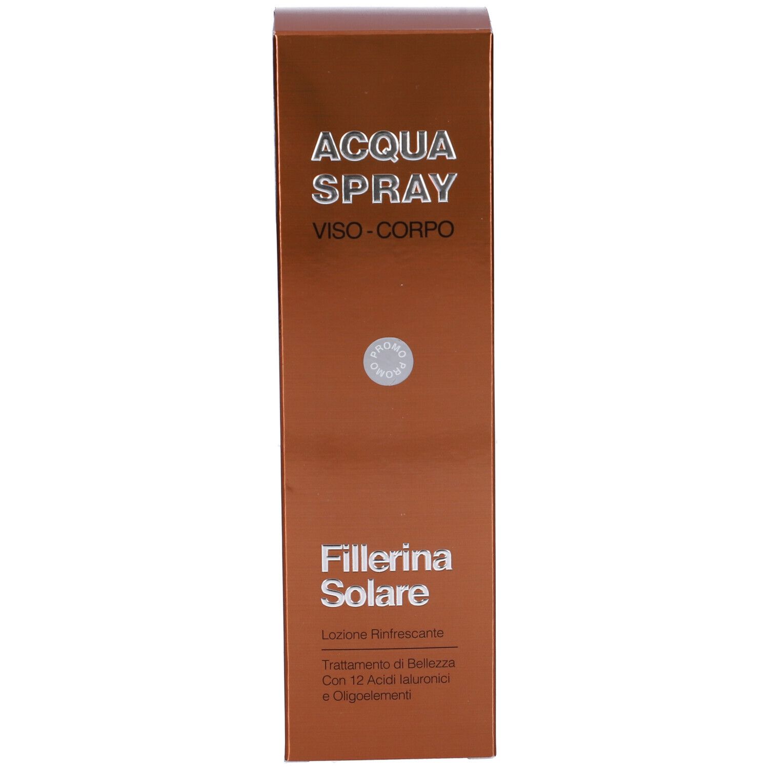 Confezione marrone. Scritta: ACQUA SPRAY, VISO-CORPO, Fillerina Solare.