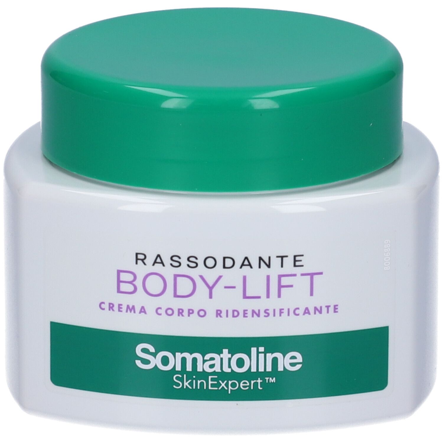 Weißer Tiegel mit grünem Deckel. Aufschrift: RASSODANTE BODY-LIFT CREMA CORPO RIDENSIFICANTE. Marke Somatoline SkinExpert.