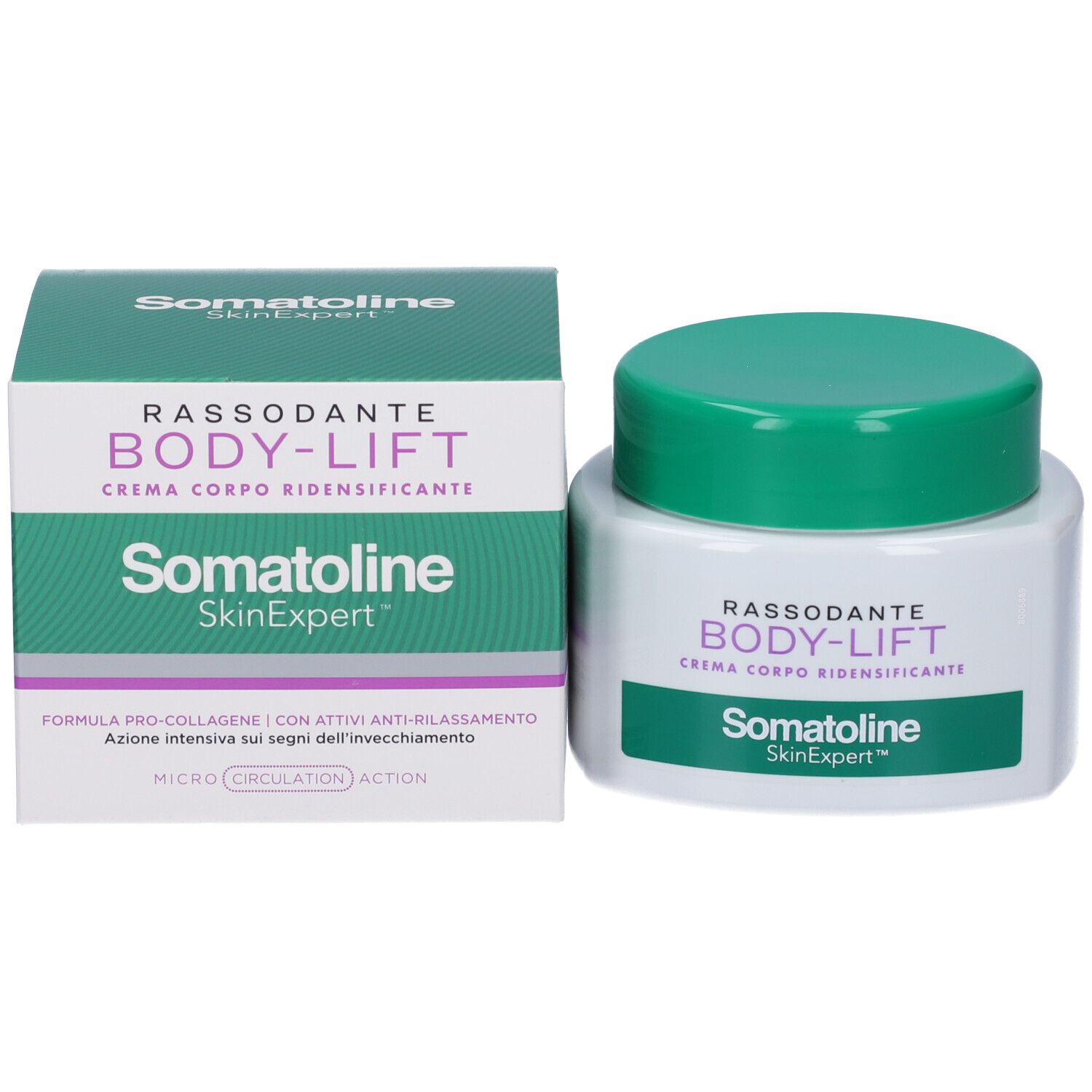 Produktverpackung und Tiegel. Verpackung: grün-weiß, Aufschrift: Somatoline SkinExpert, RASSODANTE BODY-LIFT. Tiegel: weiß mit grünem Deckel.