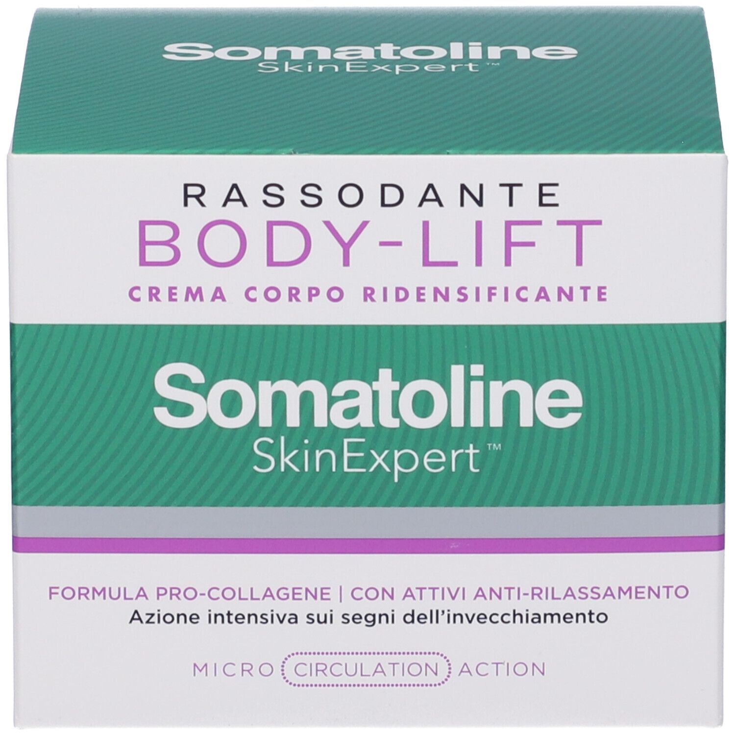 Produktverpackung. Grün-weiße Verpackung. Aufschrift: Somatoline SkinExpert, RASSODANTE BODY-LIFT CREMA CORPO RIDENSIFICANTE.