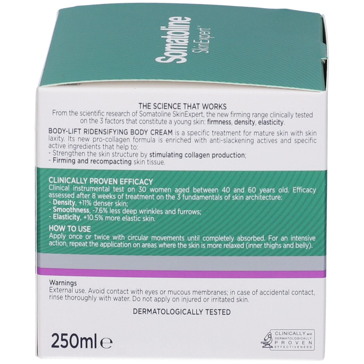 Rückseite der Produktverpackung. Text: THE SCIENCE THAT WORKS, CLINICALLY PROVEN EFFICACY, HOW TO USE. 250ml. Dermatologisch getestet.
