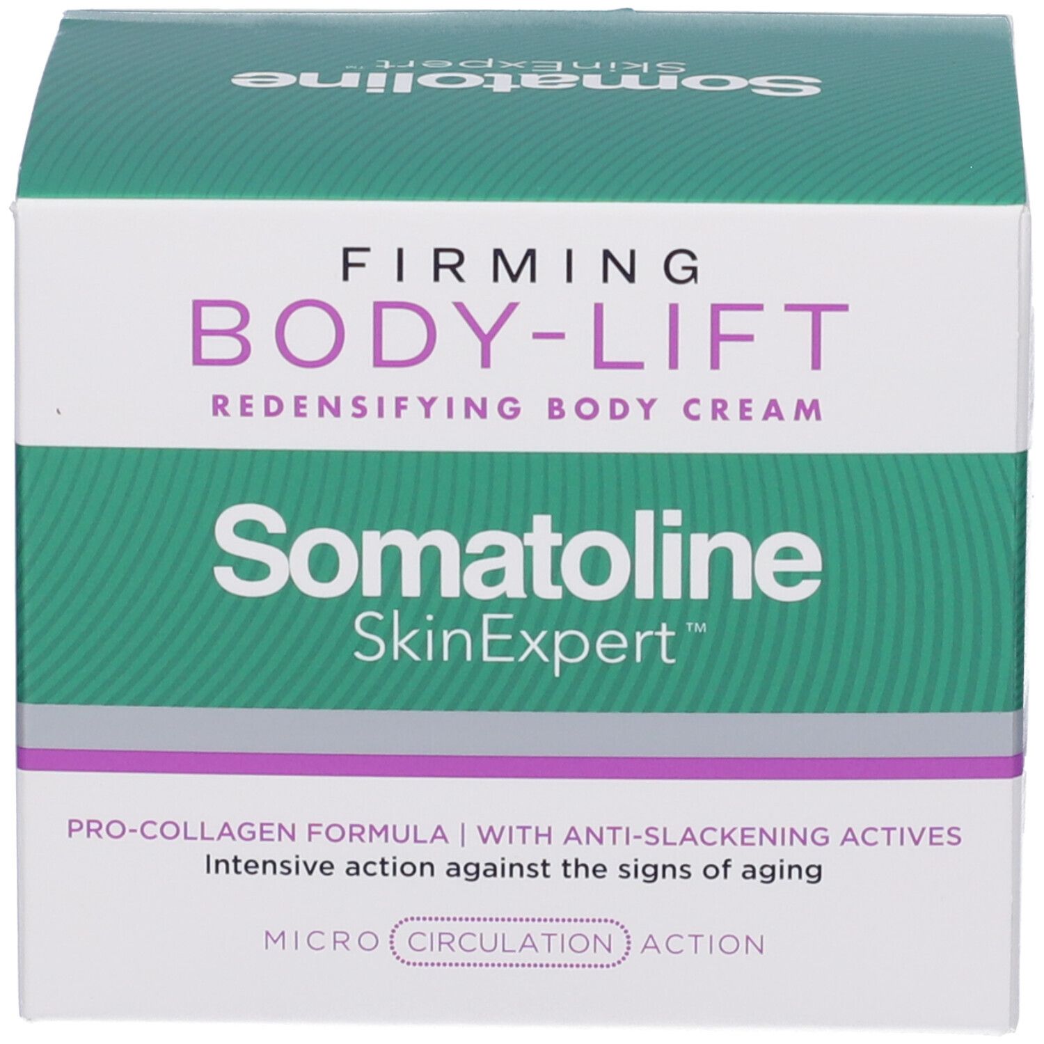 Produktverpackung. Grün-weiße Verpackung. Aufschrift: Somatoline SkinExpert, FIRMING BODY-LIFT. Pro-Collagen Formel.
