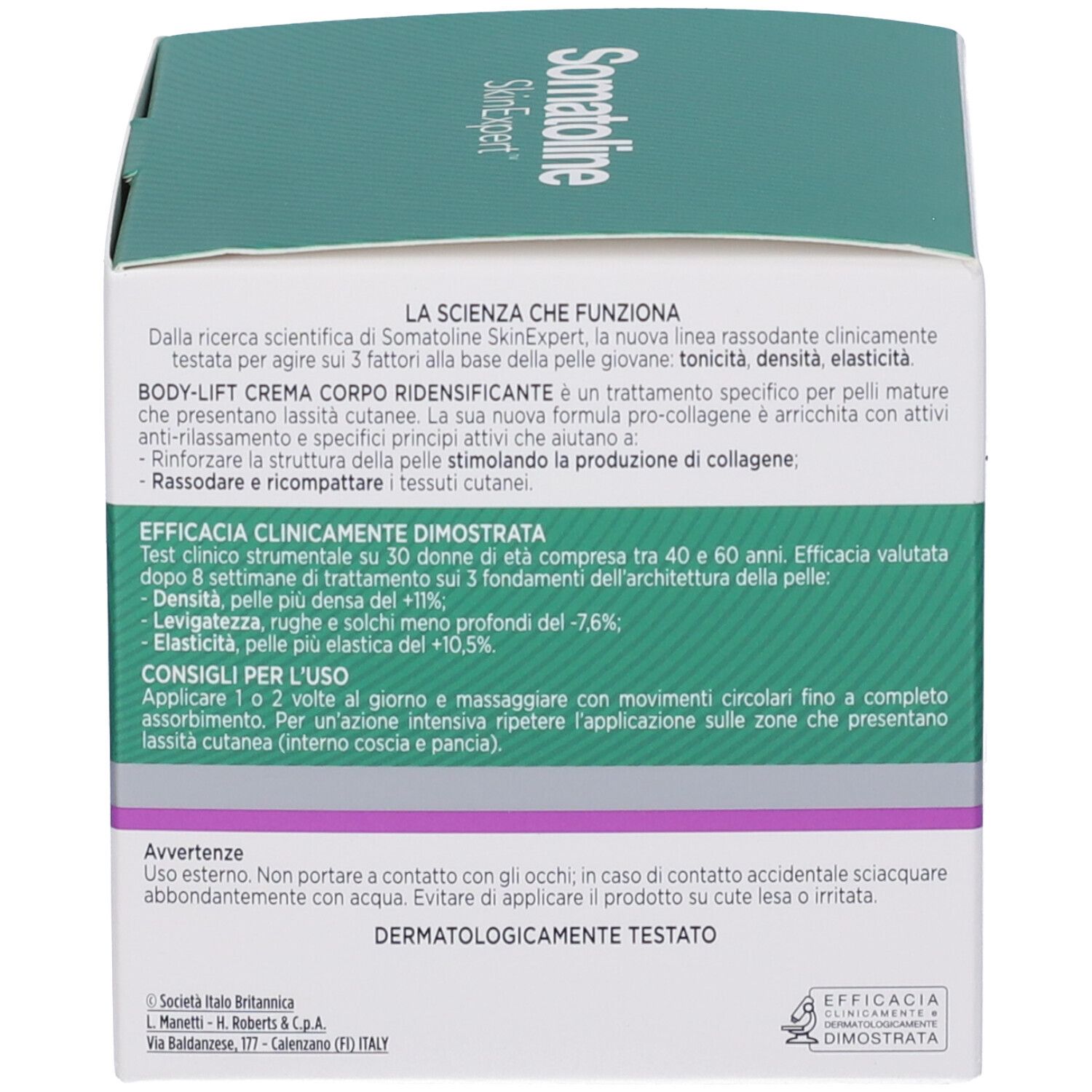 Rückseite der Produktverpackung. Text: LA SCIENZA CHE FUNZIONA, CLINICAMENTE DIMOSTRATA. Dermatologisch getestet. 250ml.