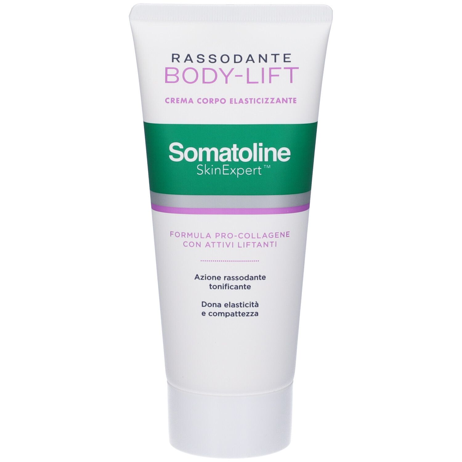 Weiße Tube mit grünem und lila Streifen. Text: BODY-LIFT, Somatoline SkinExpert, Creme für Elastizität. Aufschrift: FORMULA PRO-COLLAGENE.