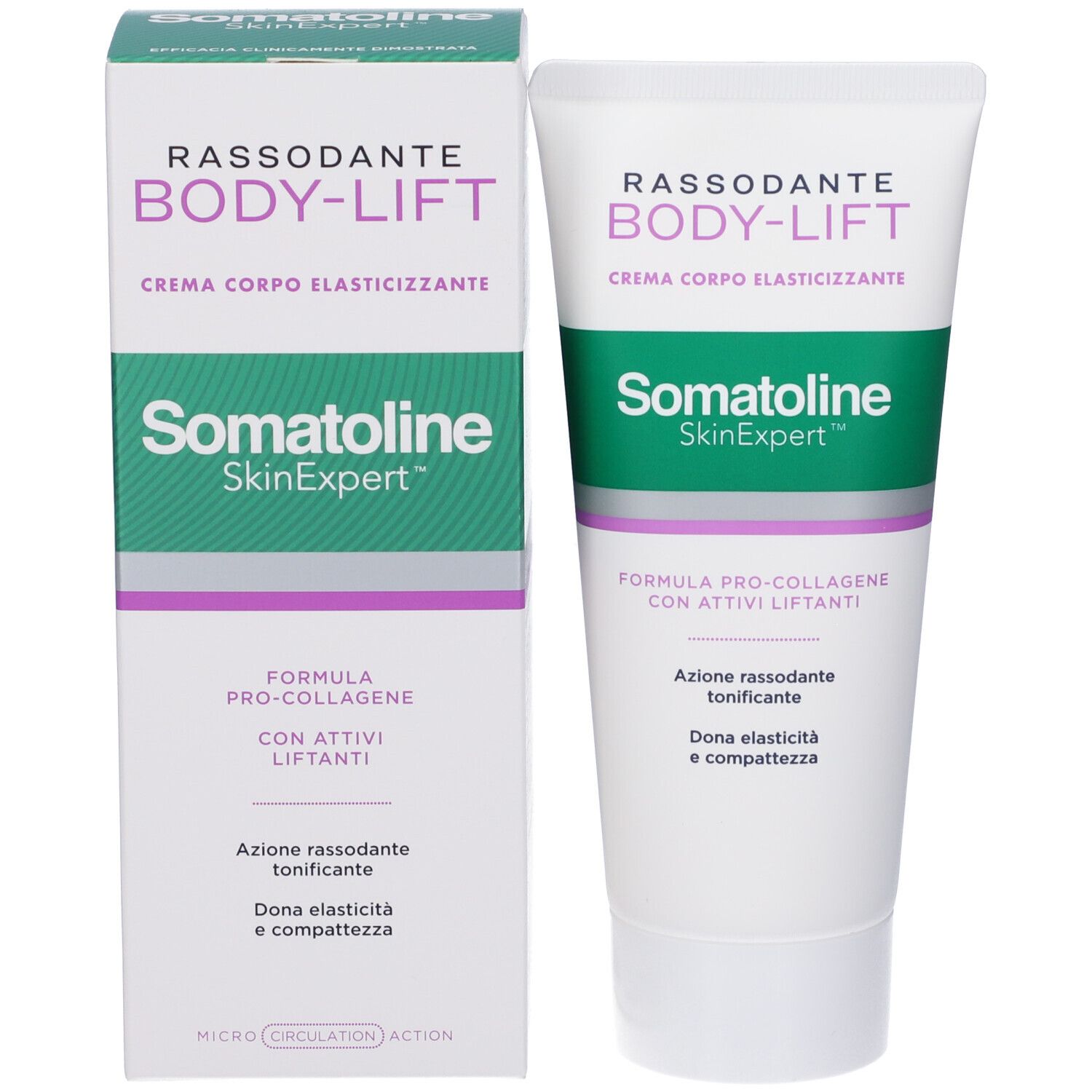 Produktverpackung und Tube. Verpackung: BODY-LIFT, Somatoline SkinExpert. Tube: BODY-LIFT, Somatoline SkinExpert. Text: FORMULA PRO-COLLAGENE.