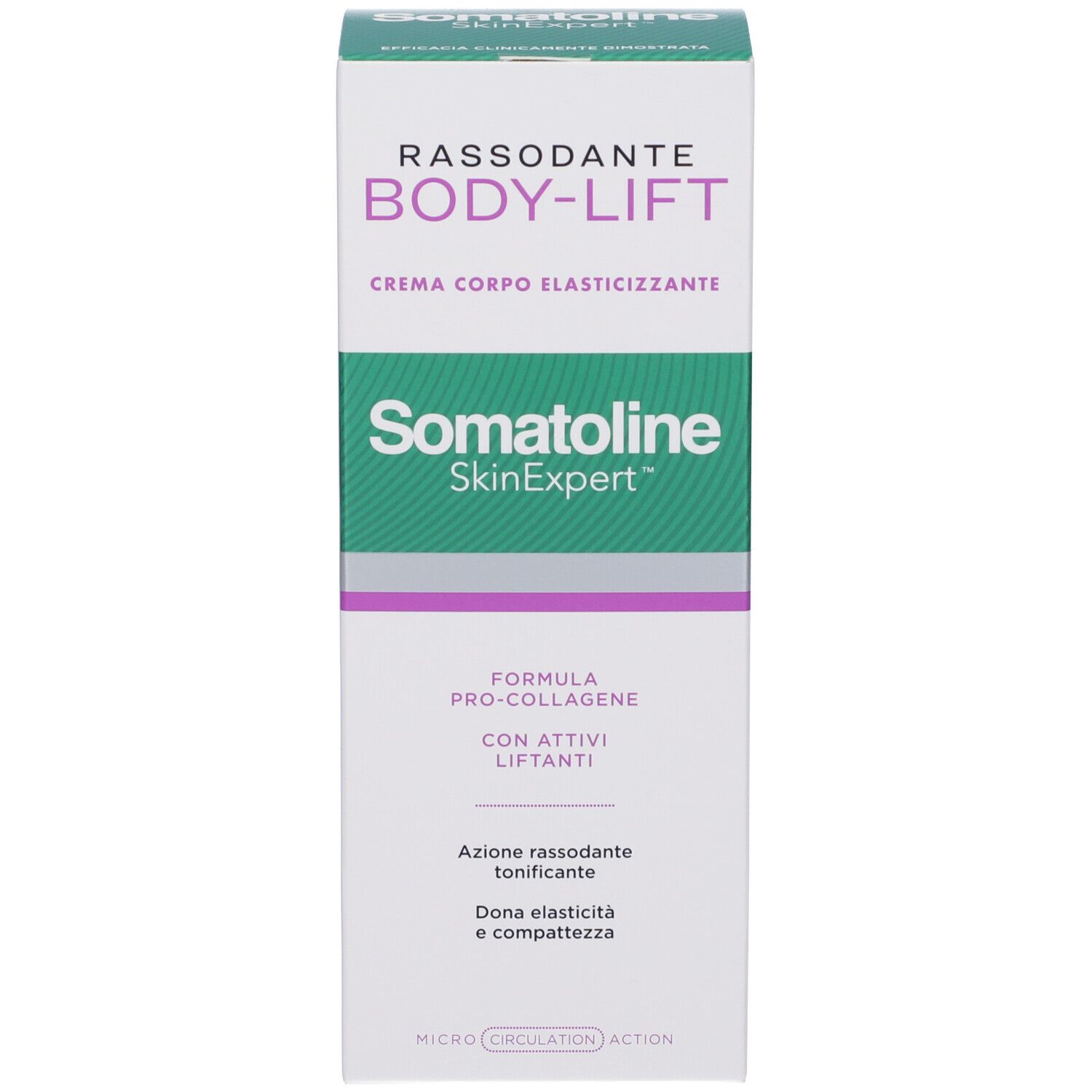 Produktverpackung. Text: RASSODANTE BODY-LIFT CREMA CORPO ELASTICIZZANTE. Marke: Somatoline SkinExpert. Text: FORMULA PRO-COLLAGENE.