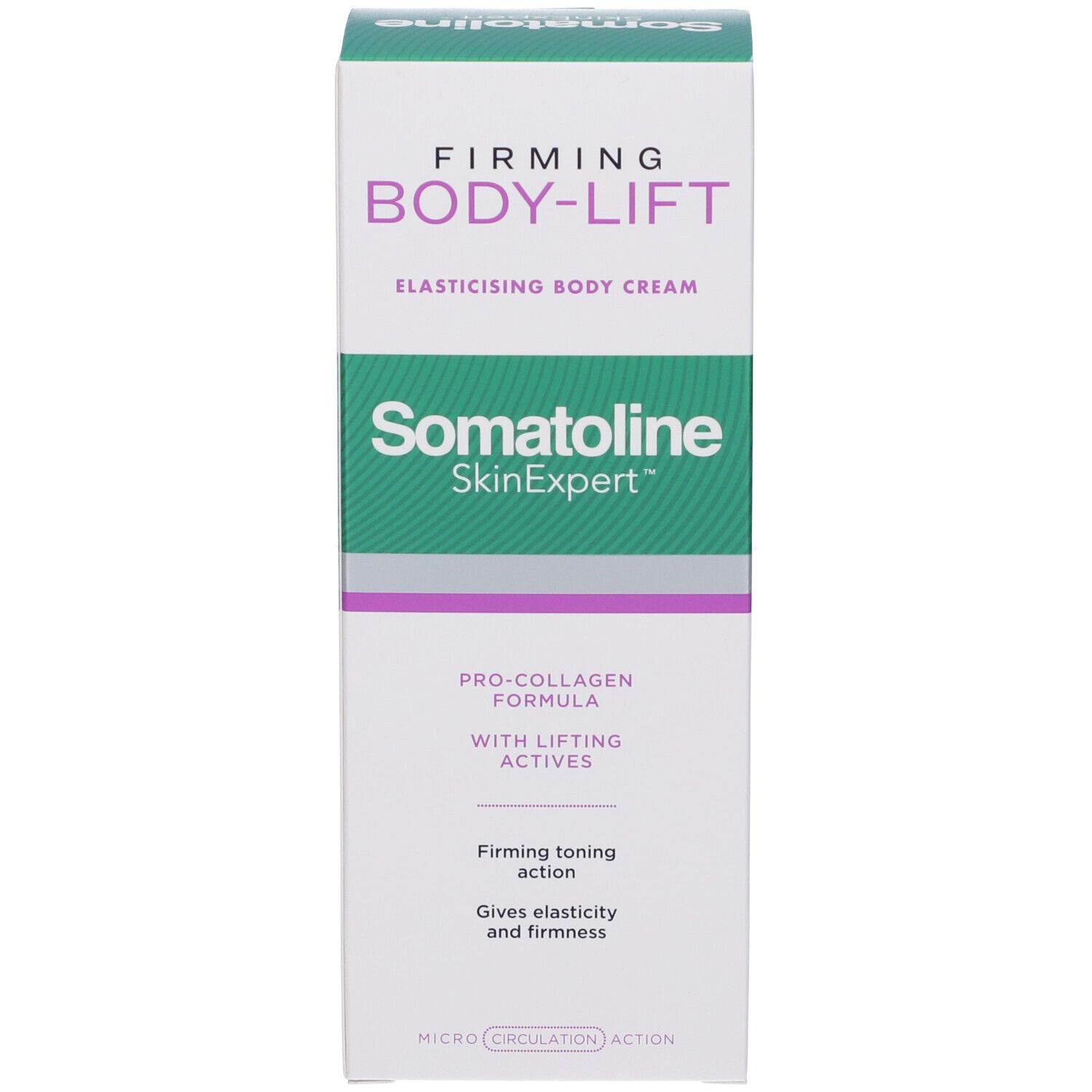 Produktverpackung. Text: FIRMING BODY-LIFT ELASTICISING BODY CREAM. Marke: Somatoline SkinExpert. Text: PRO-COLLAGEN FORMULA.