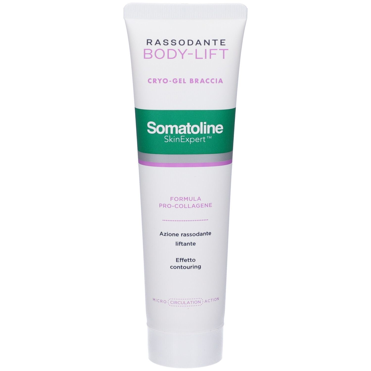 Weißer Tubenbehälter mit grünem und lila Band. Aufschrift: Rassodante Body-Lift Cryo-Gel Braccia, Somatoline SkinExpert. Formel Pro-Collagen.