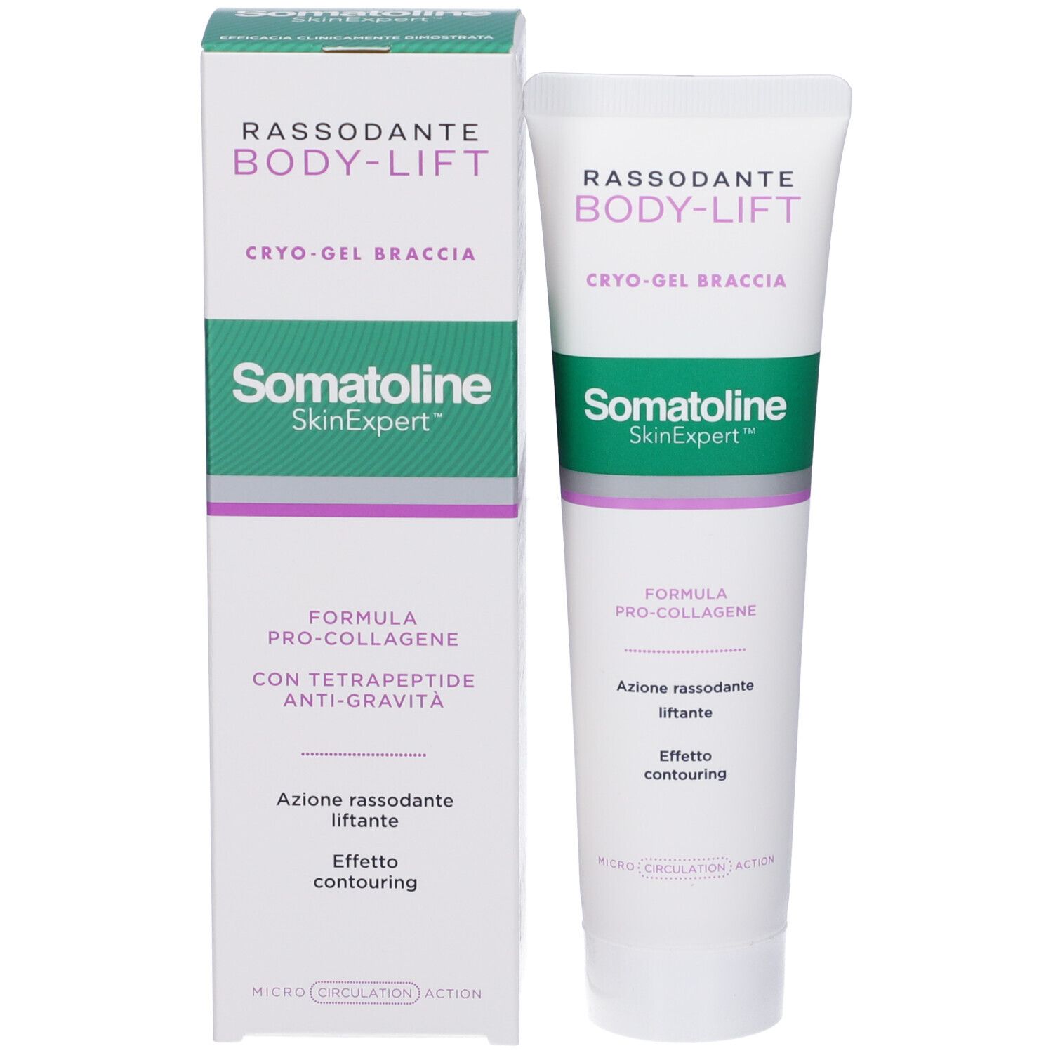 Produktverpackung mit Tube und Schachtel. Aufschrift: Rassodante Body-Lift Cryo-Gel Braccia, Somatoline SkinExpert. Formel Pro-Collagen.