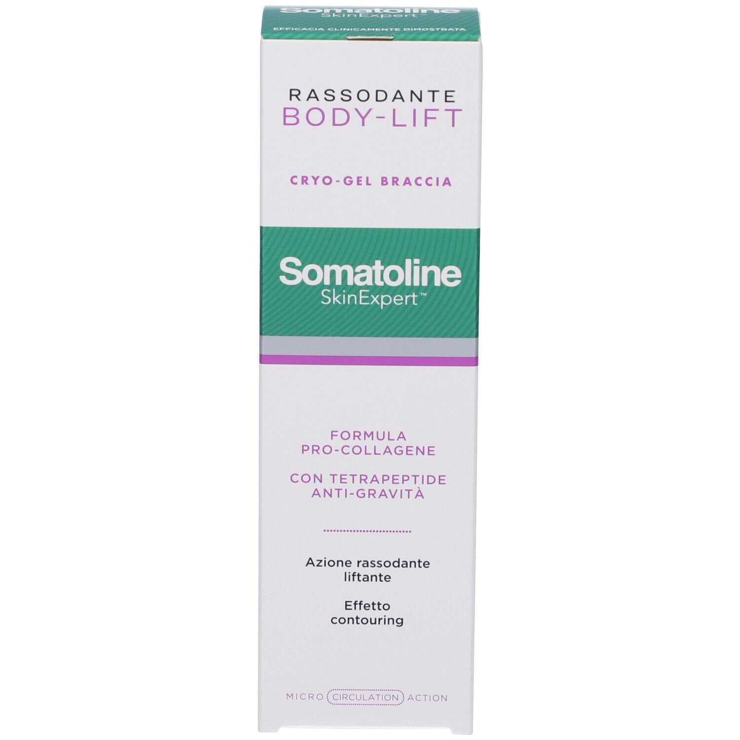 Schachtel mit Aufschrift: Rassodante Body-Lift Cryo-Gel Braccia, Somatoline SkinExpert. Formel Pro-Collagen. Mit Tetra-Peptid Anti-Gravität.