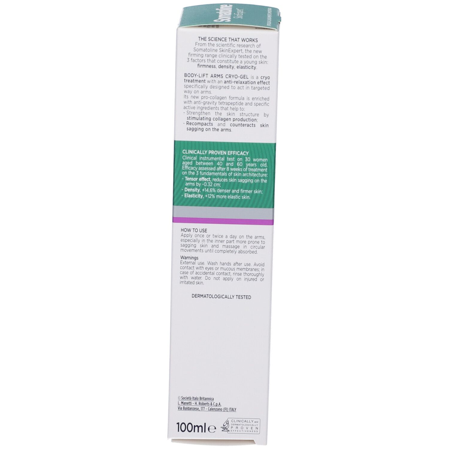 Rückseite der Schachtel. Text: Body-Lift Arms Cryo-Gel, 100ml. Klinisch nachgewiesene Wirksamkeit. Dermatologisch getestet. Anwendungshinweise.