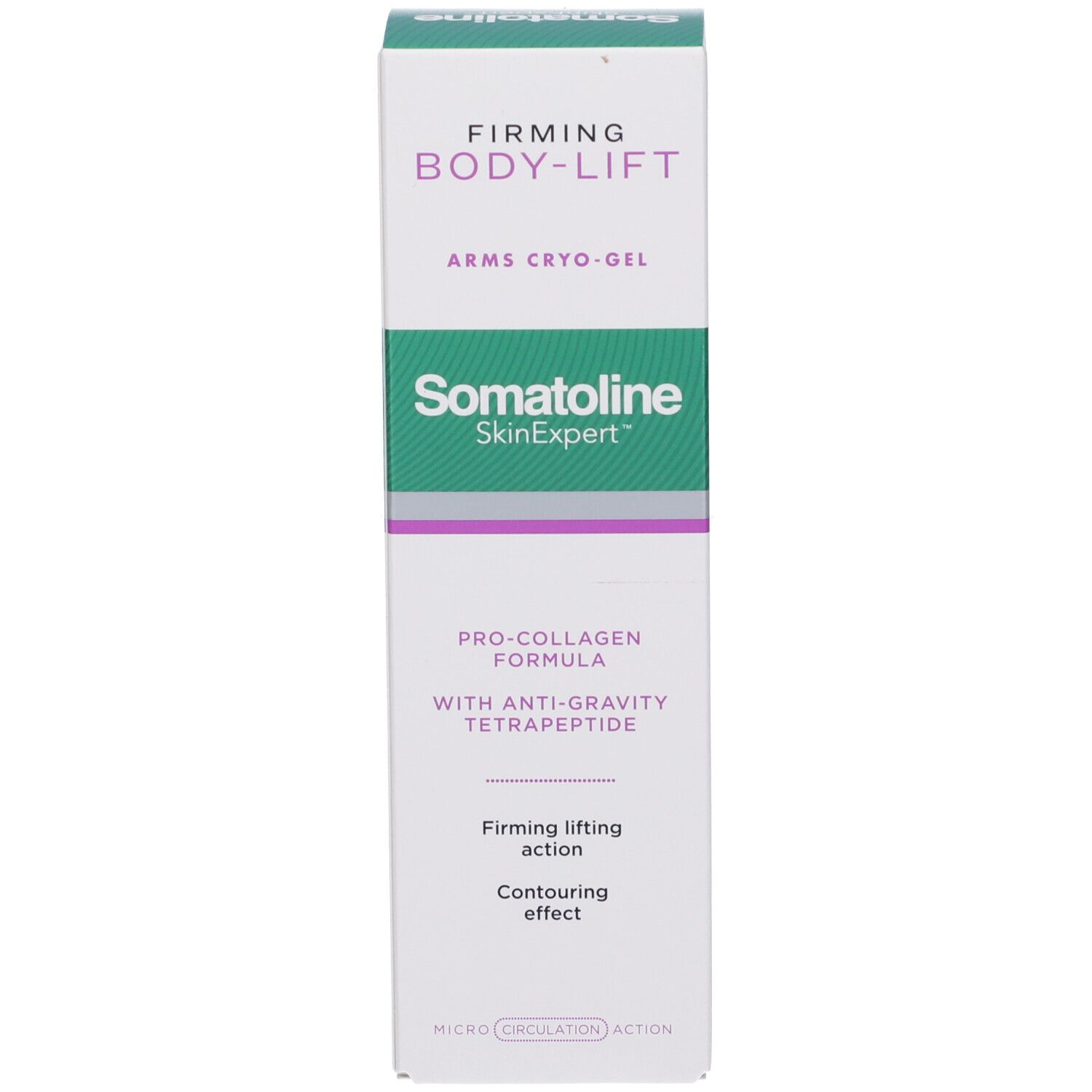 Schachtel mit Aufschrift: Firming Body-Lift, Arms Cryo-Gel, Somatoline SkinExpert. Mit Anti-Gravität Tetra-Peptid. Straffende Wirkung.