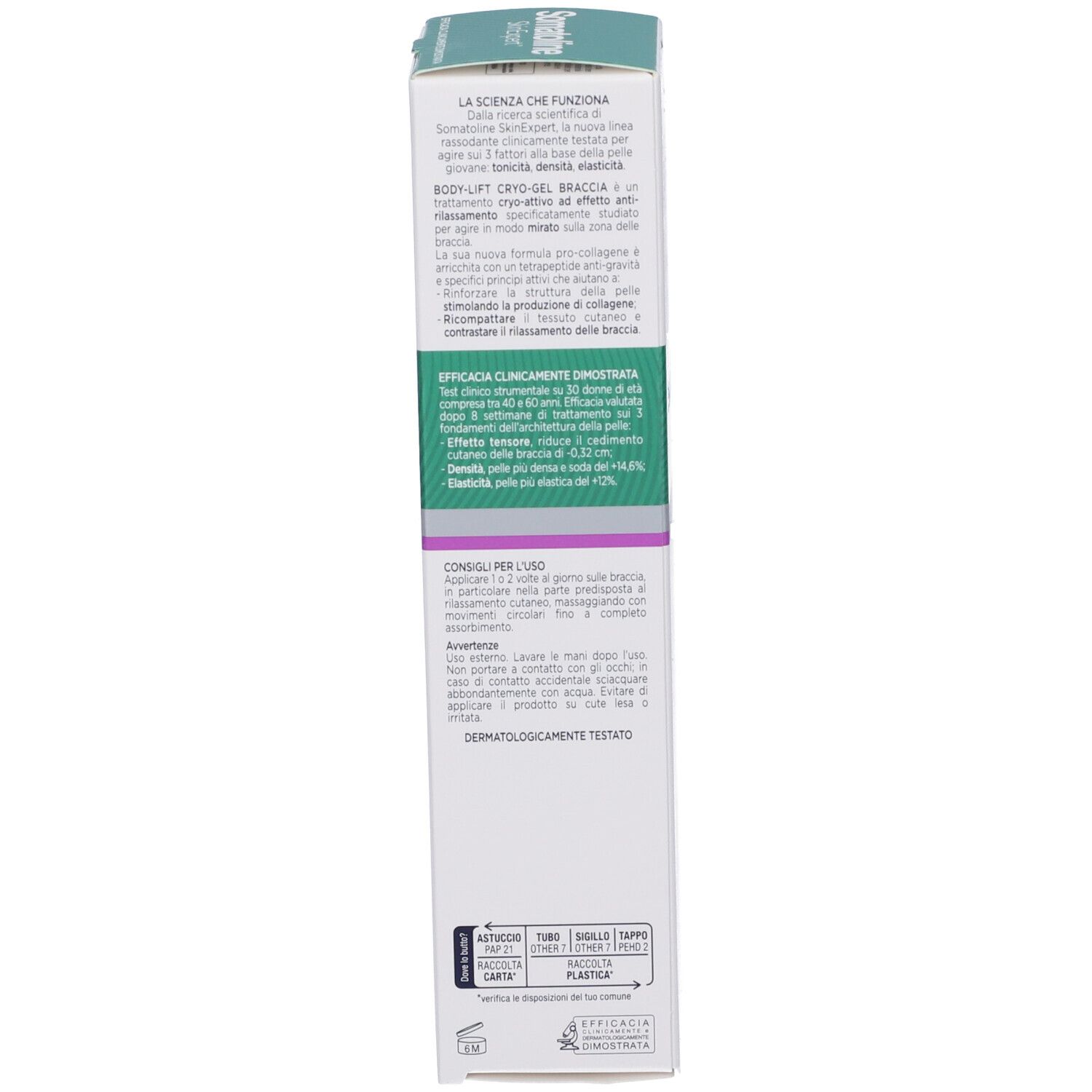 Rückseite der Schachtel. Text: Body-Lift Arms Cryo-Gel. Klinisch nachgewiesene Wirksamkeit. Dermatologisch getestet. Anwendungshinweise.