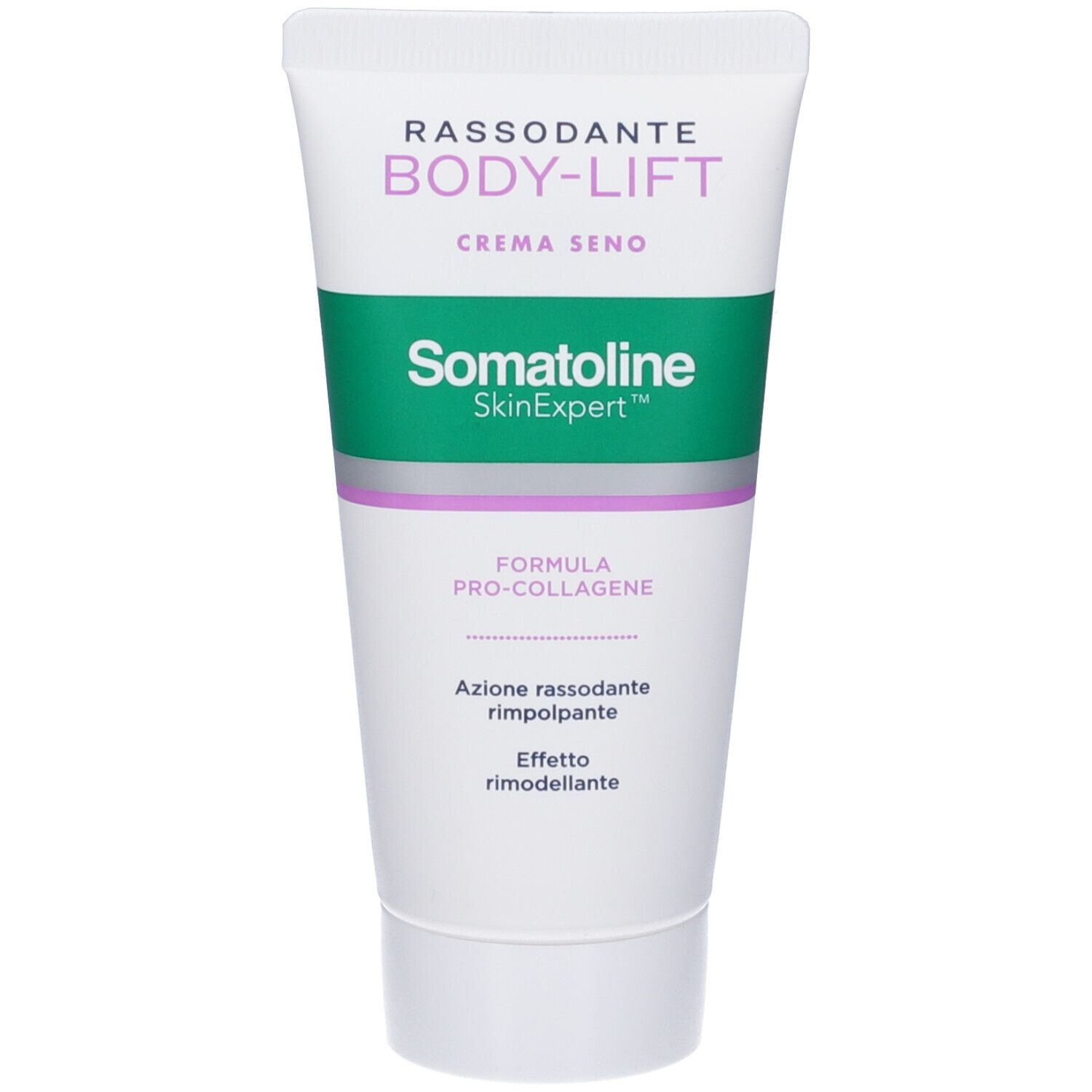Weißer Tubenbehälter mit grünem und lila Band. Text: Rassodante Body-Lift Crema Seno, Somatoline SkinExpert, Pro-Collagen Formel.