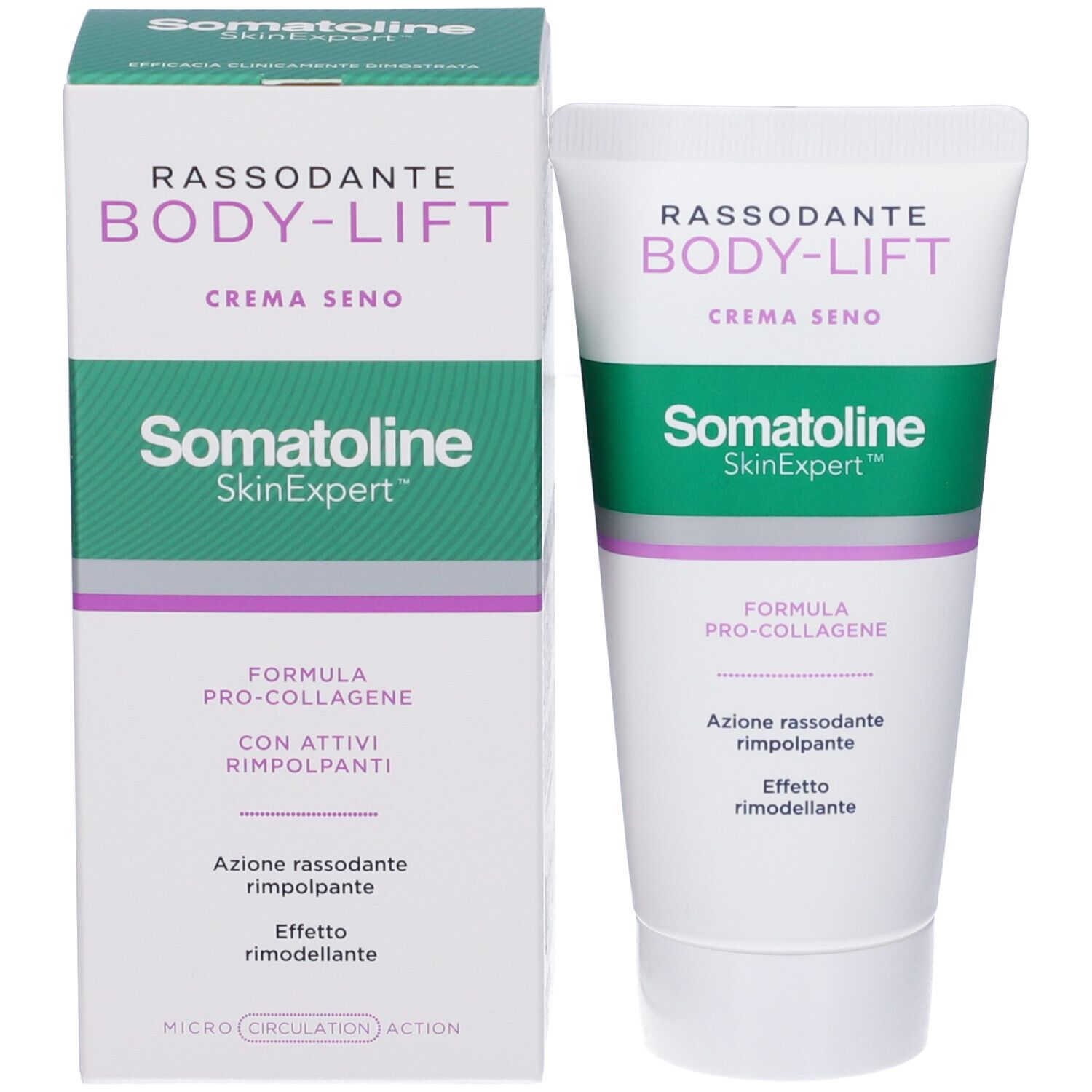 Produktverpackung und Tube. Verpackung: weiß, grün, lila. Text: Rassodante Body-Lift Crema Seno, Somatoline SkinExpert, Pro-Collagen.