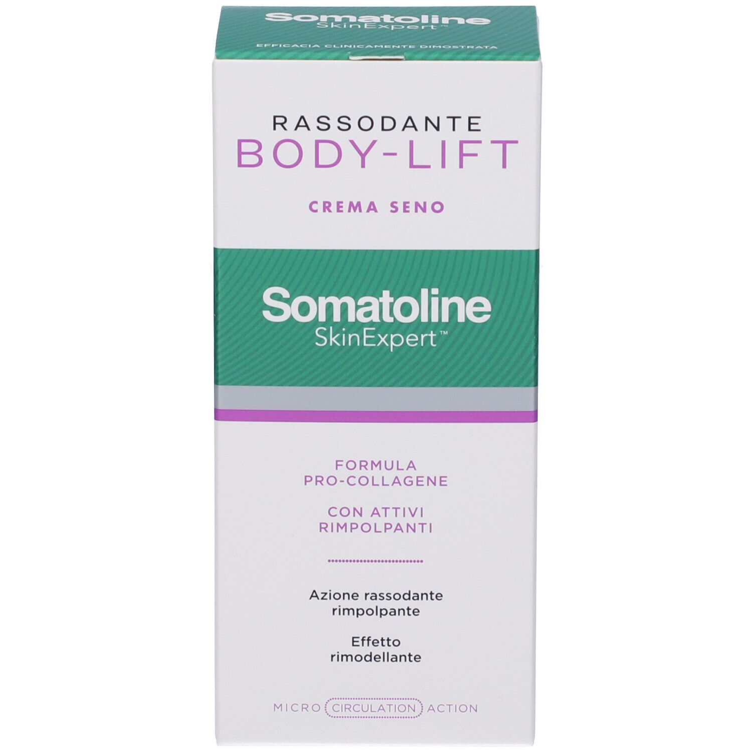 Produktverpackung. Weiß, grün, lila. Text: Rassodante Body-Lift Crema Seno, Somatoline SkinExpert, Pro-Collagen Formel, mit aktiven Wirkstoffen.