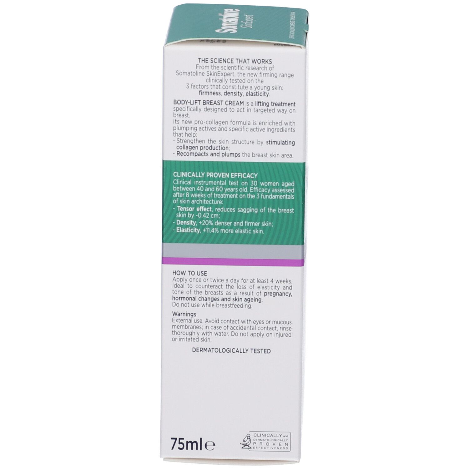 Rückseite der Verpackung. Text: Body-Lift Crema Seno, klinisch nachgewiesene Wirksamkeit, 75ml, dermatologisch getestet.