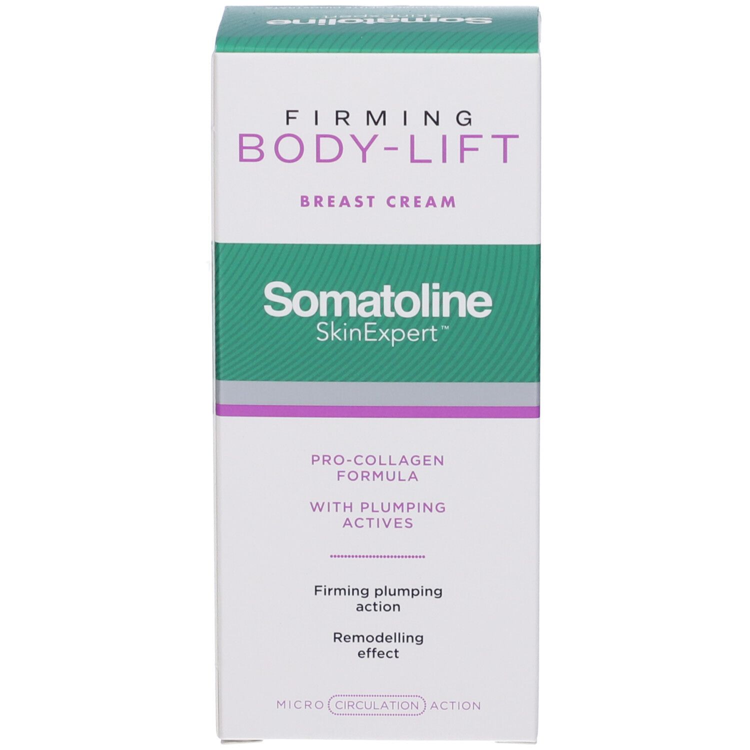 Produktverpackung. Text: Firming Body-Lift Breast Cream, Somatoline SkinExpert, Pro-Collagen Formel, mit aufpolsternden Wirkstoffen.