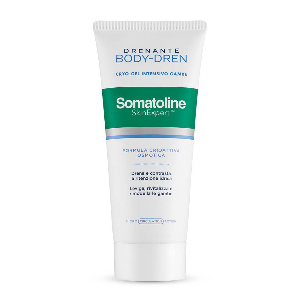Weiße Tube mit grünem und blauem Etikett für Somatoline SkinExpert Body-Dren Cryo-Gel.