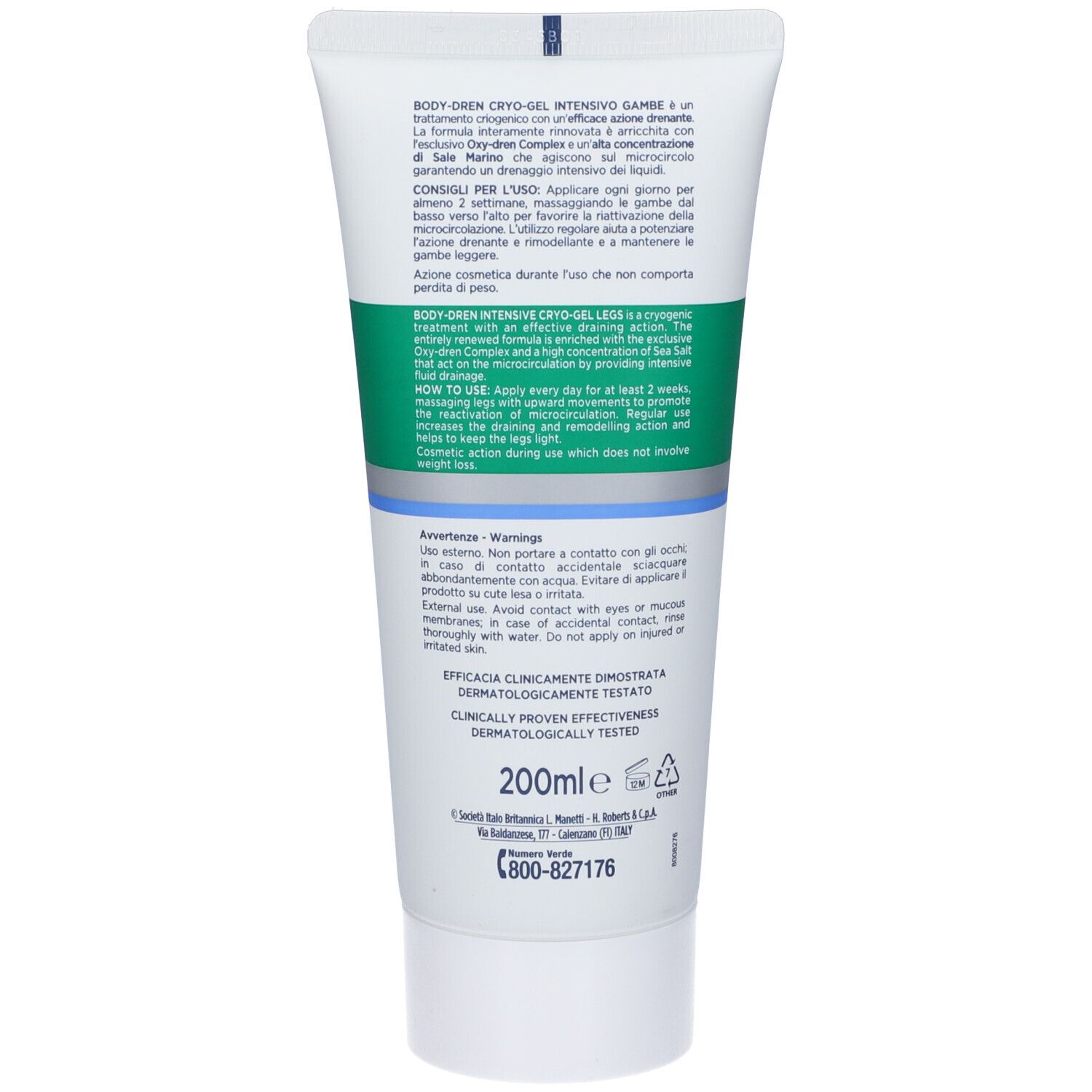 Rückseite einer Tube Somatoline SkinExpert Body-Dren mit Produktinformationen.
