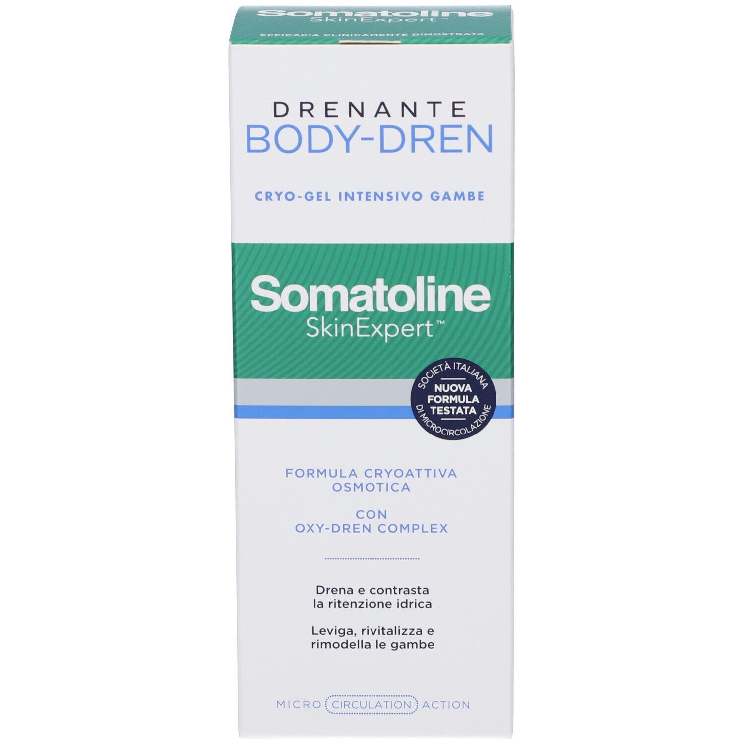 Kartonverpackung Somatoline SkinExpert Body-Dren Cryo-Gel mit Produktinformationen.