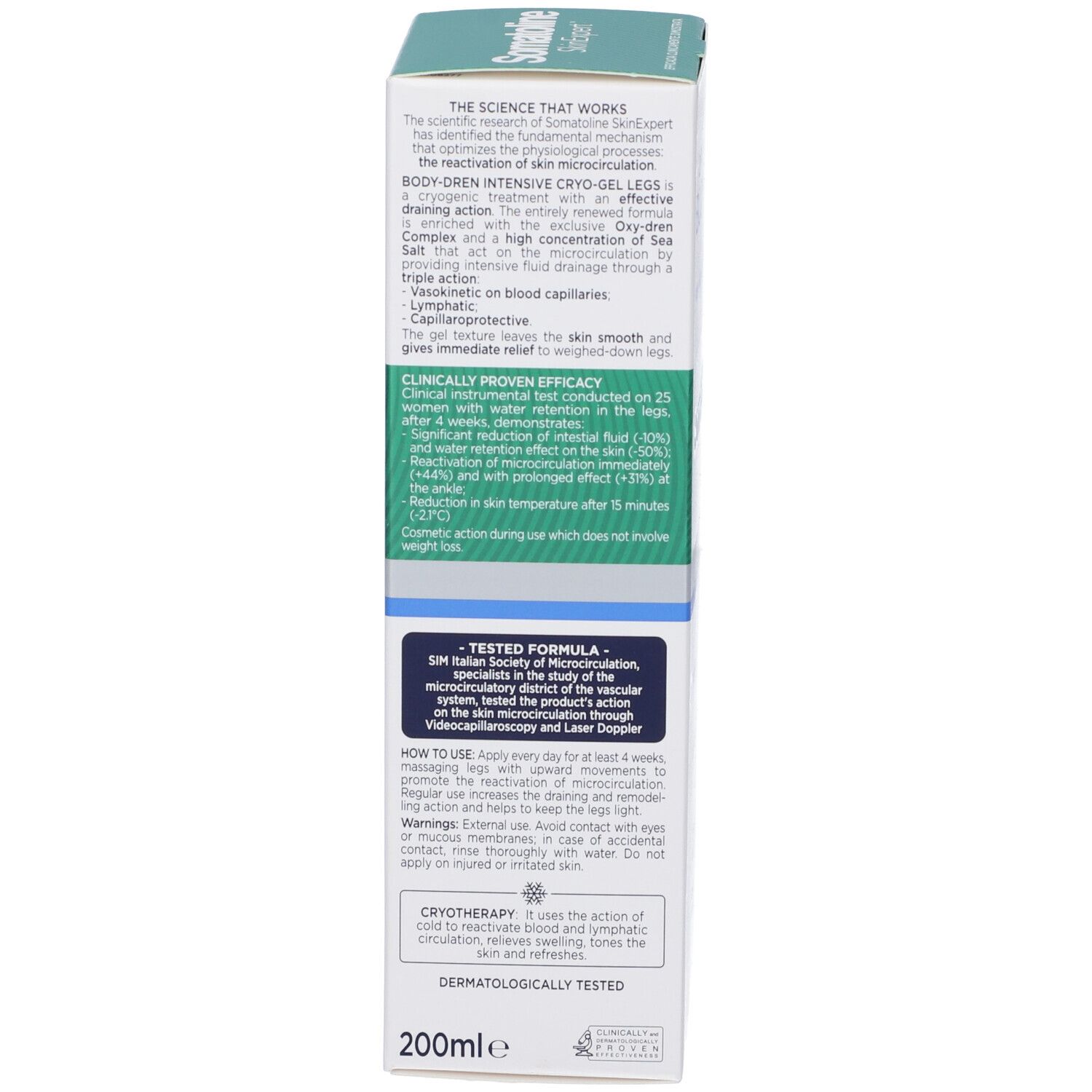 Seitenansicht der Kartonverpackung Somatoline SkinExpert Body-Dren Cryo-Gel.
