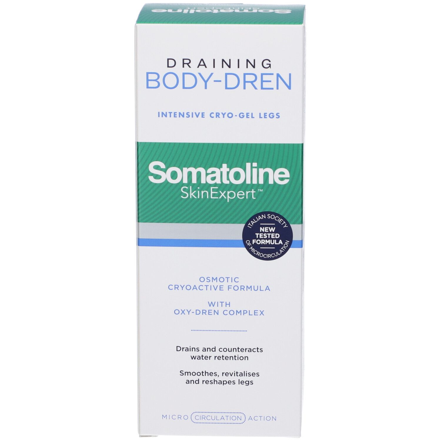 Vorderseite der Kartonverpackung Somatoline SkinExpert Body-Dren Cryo-Gel.