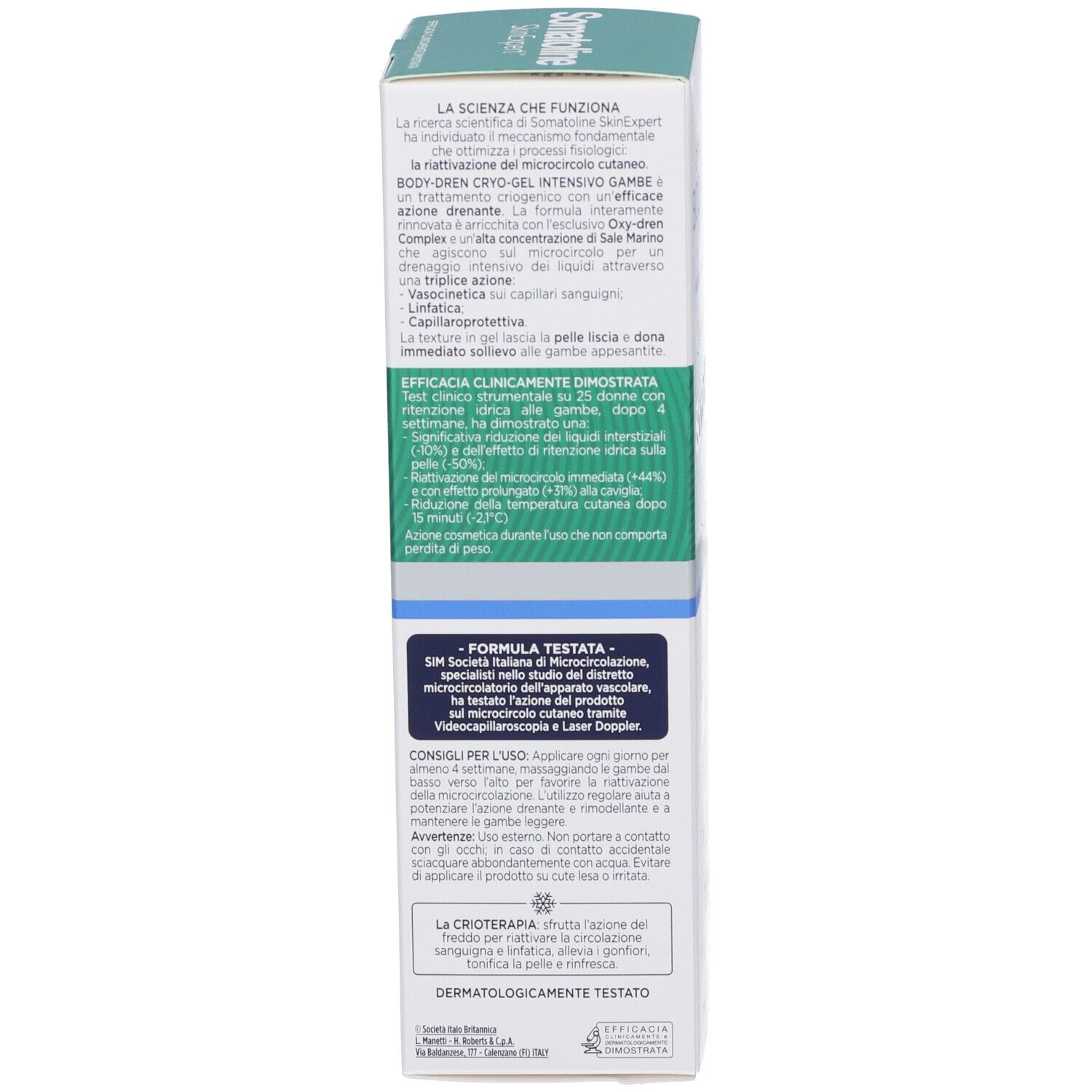Seitenansicht der Kartonverpackung Somatoline SkinExpert Body-Dren Cryo-Gel.